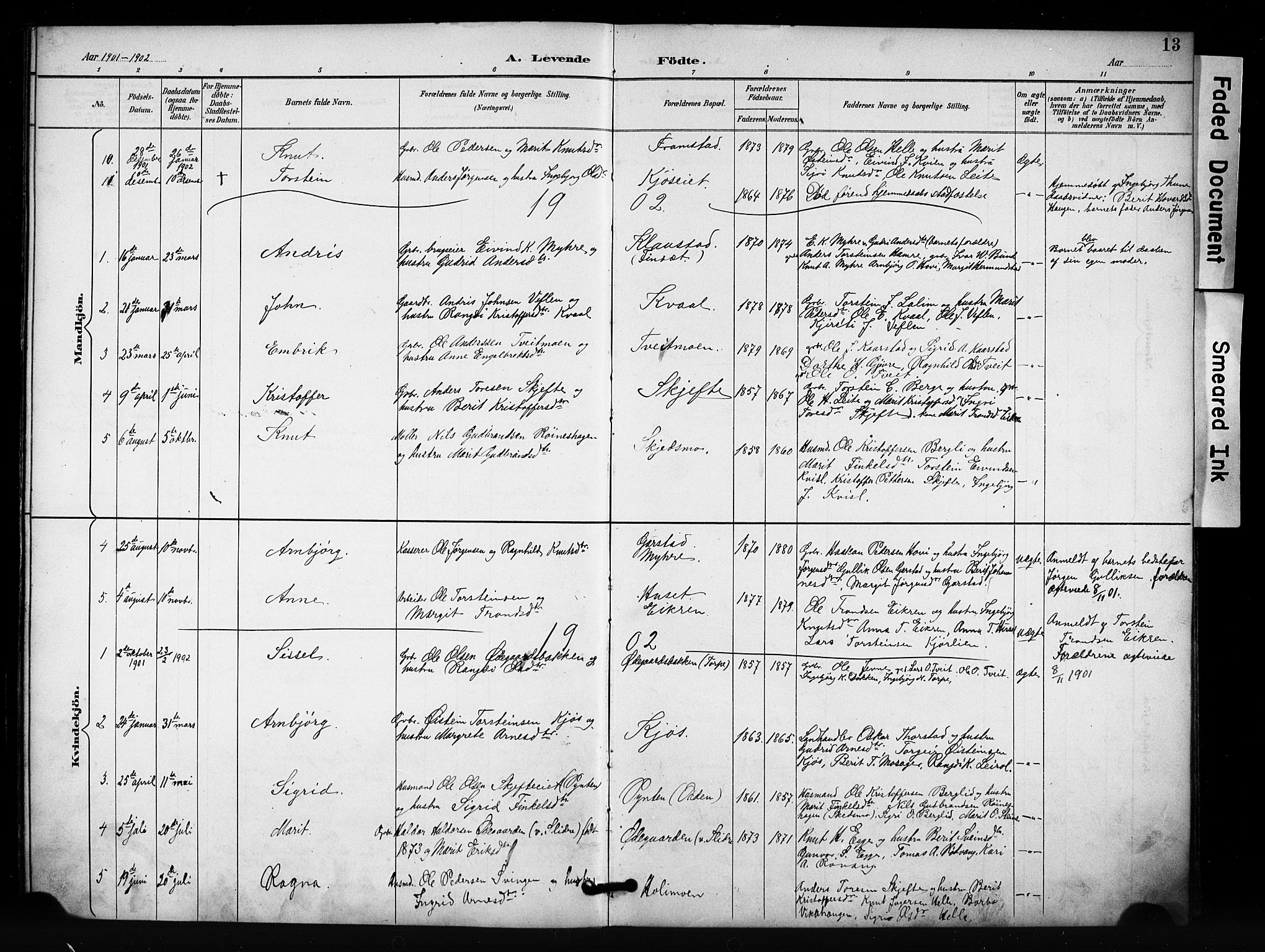 Vang prestekontor, Valdres, SAH/PREST-140/H/Hb/L0007: Parish register (copy) no. 7, 1893-1924, p. 13
