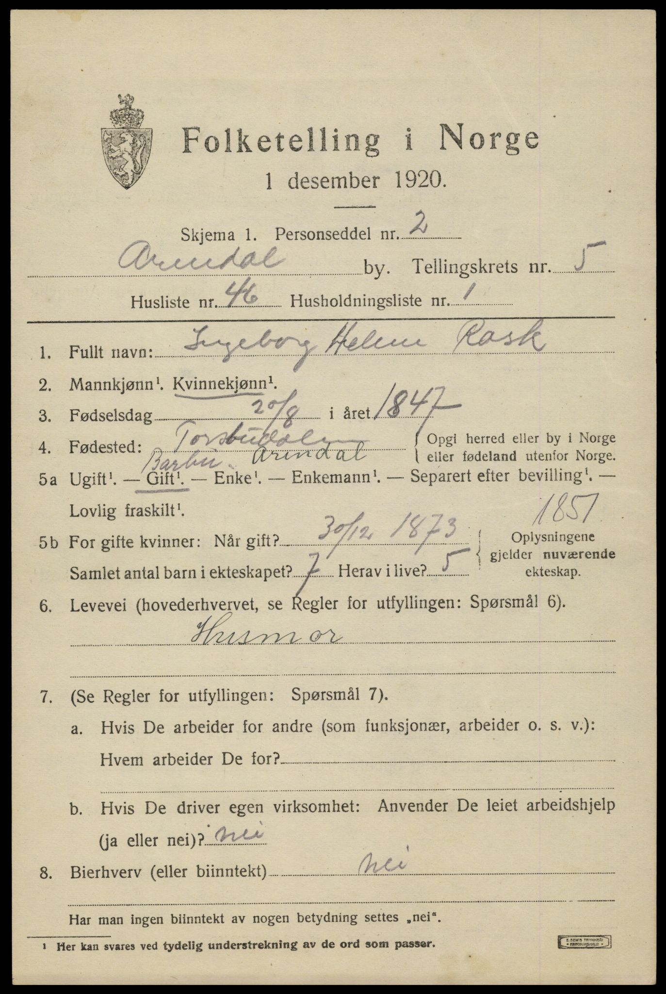 SAK, 1920 census for Arendal, 1920, p. 13130