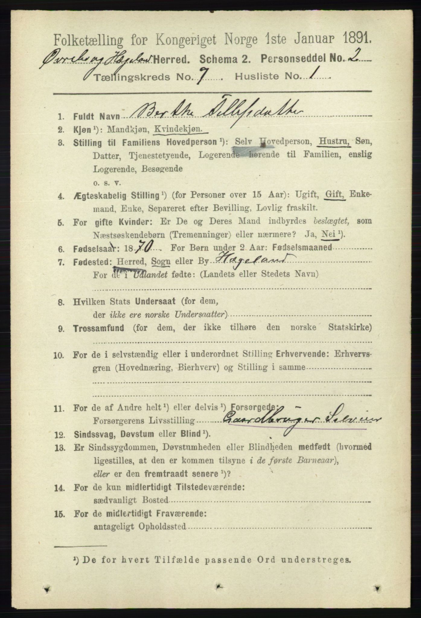 RA, 1891 census for 1016 Øvrebø og Hægeland, 1891, p. 1332