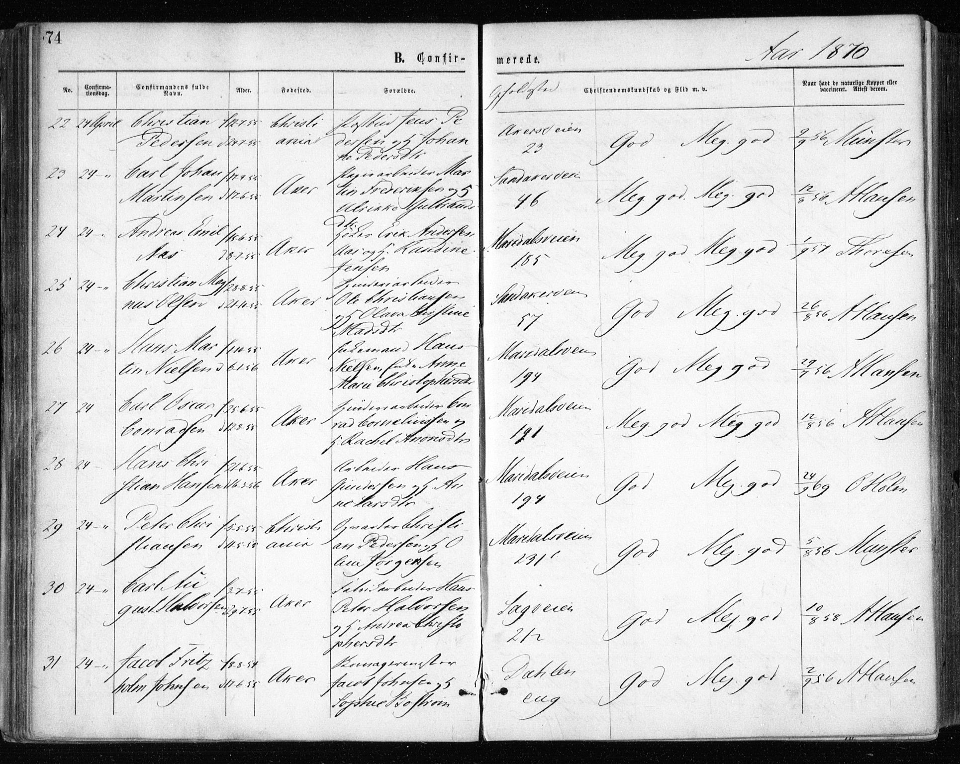 Gamle Aker prestekontor Kirkebøker, AV/SAO-A-10617a/F/L0003: Parish register (official) no. 3, 1865-1873, p. 74