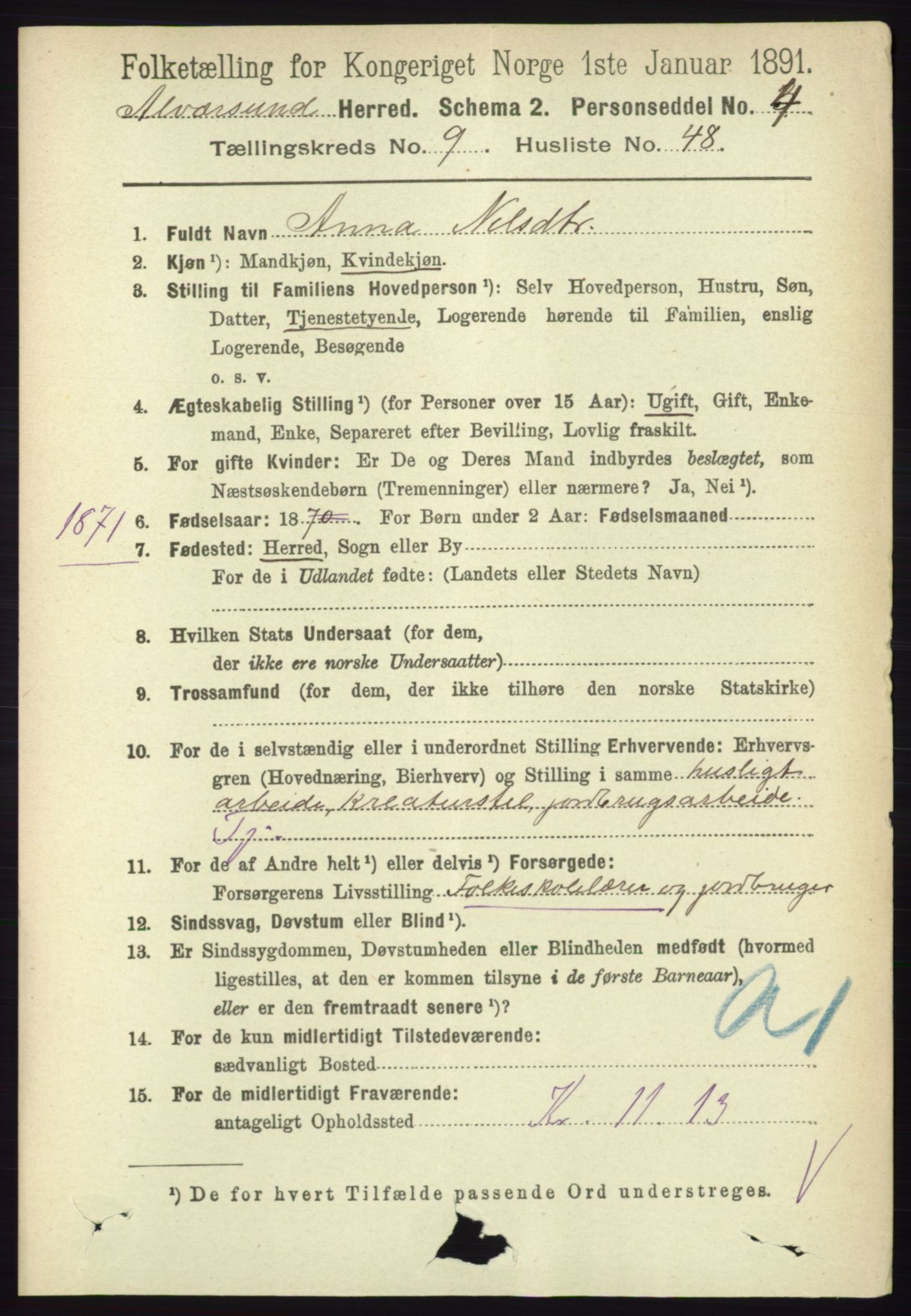 RA, 1891 census for 1257 Alversund, 1891, p. 3426