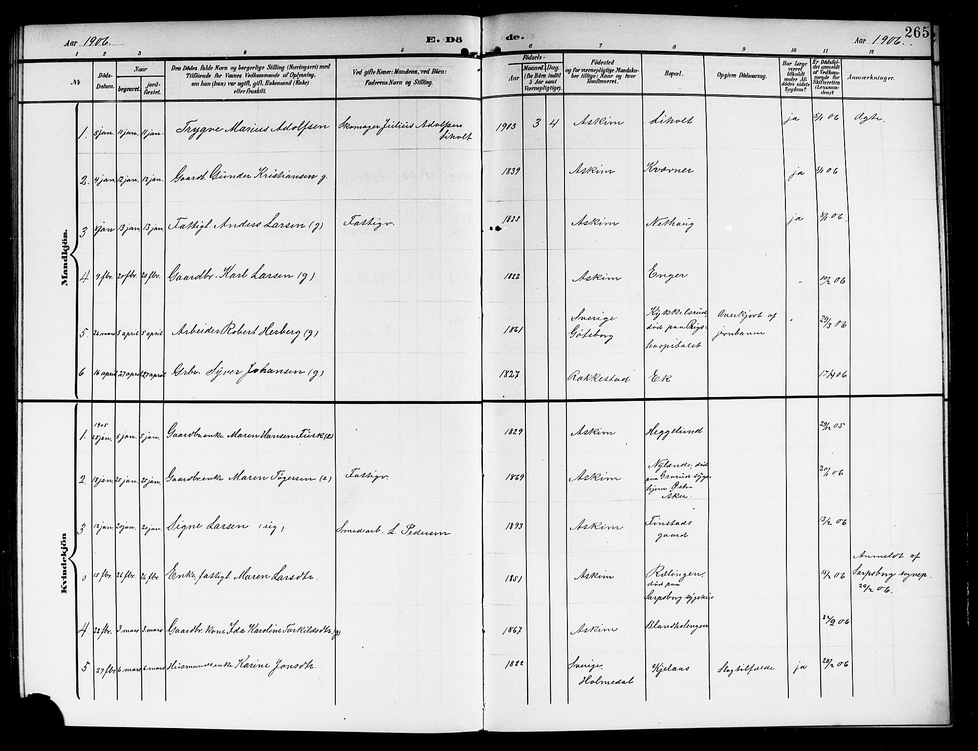 Askim prestekontor Kirkebøker, AV/SAO-A-10900/G/Ga/L0002: Parish register (copy) no. 2, 1903-1921, p. 265