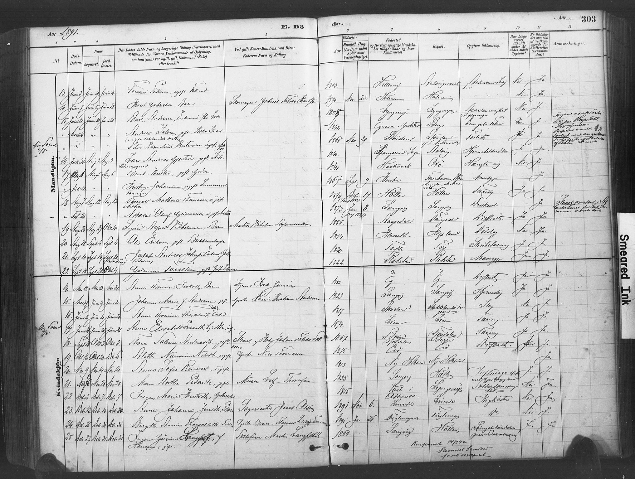 Søgne sokneprestkontor, SAK/1111-0037/F/Fa/Fab/L0012: Parish register (official) no. A 12, 1880-1891, p. 303