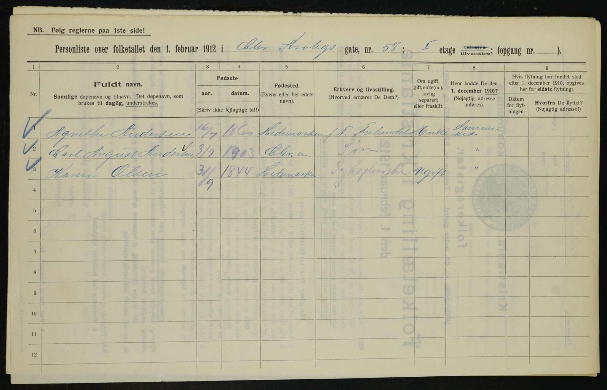 OBA, Municipal Census 1912 for Kristiania, 1912, p. 12222