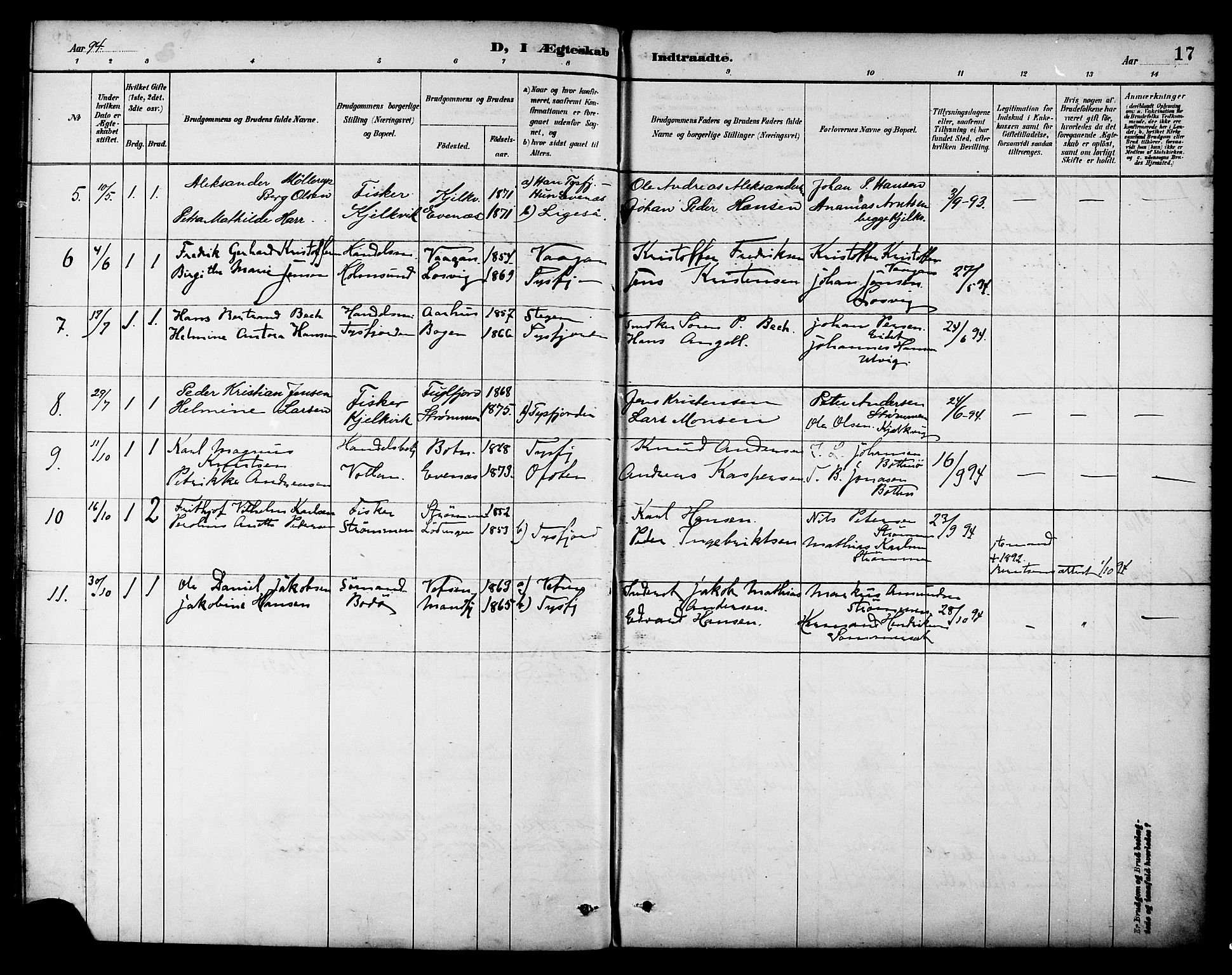 Ministerialprotokoller, klokkerbøker og fødselsregistre - Nordland, AV/SAT-A-1459/861/L0870: Parish register (official) no. 861A05, 1889-1903, p. 17