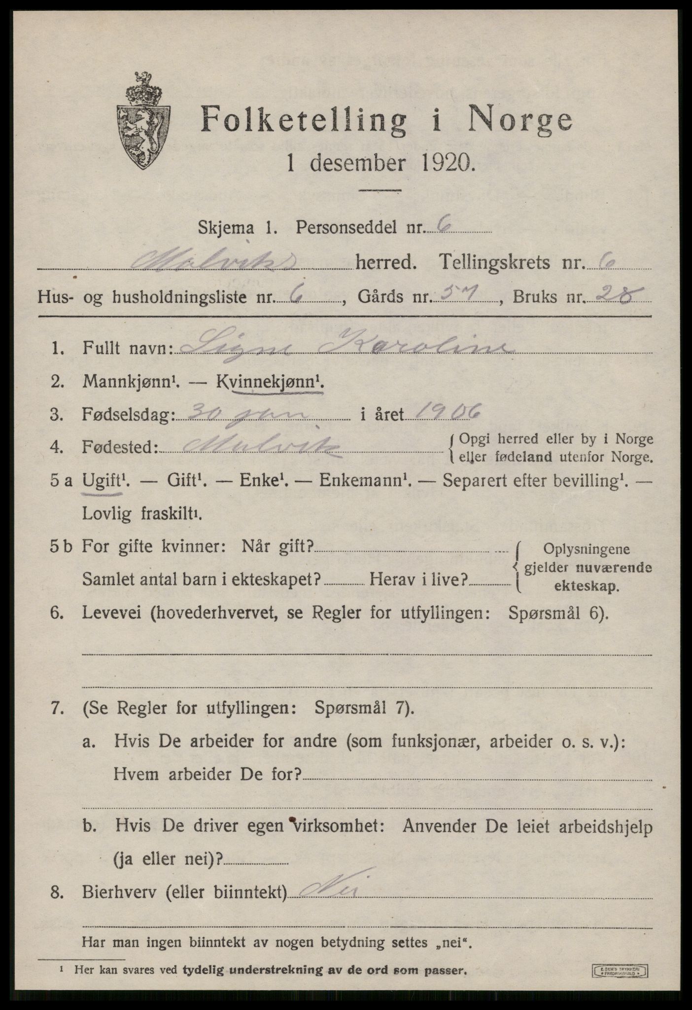 SAT, 1920 census for Malvik, 1920, p. 5422