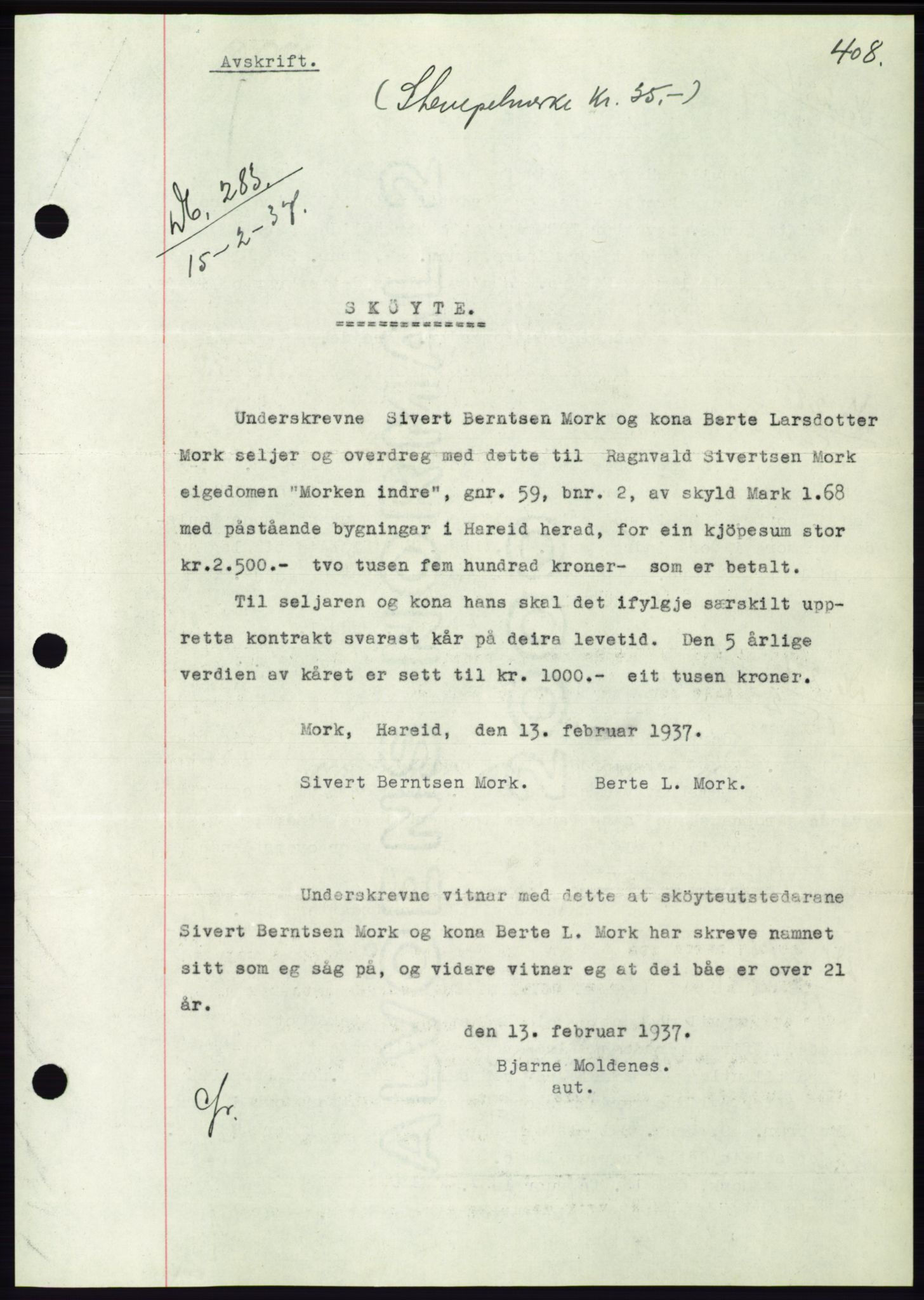 Søre Sunnmøre sorenskriveri, SAT/A-4122/1/2/2C/L0062: Mortgage book no. 56, 1936-1937, Diary no: : 283/1937