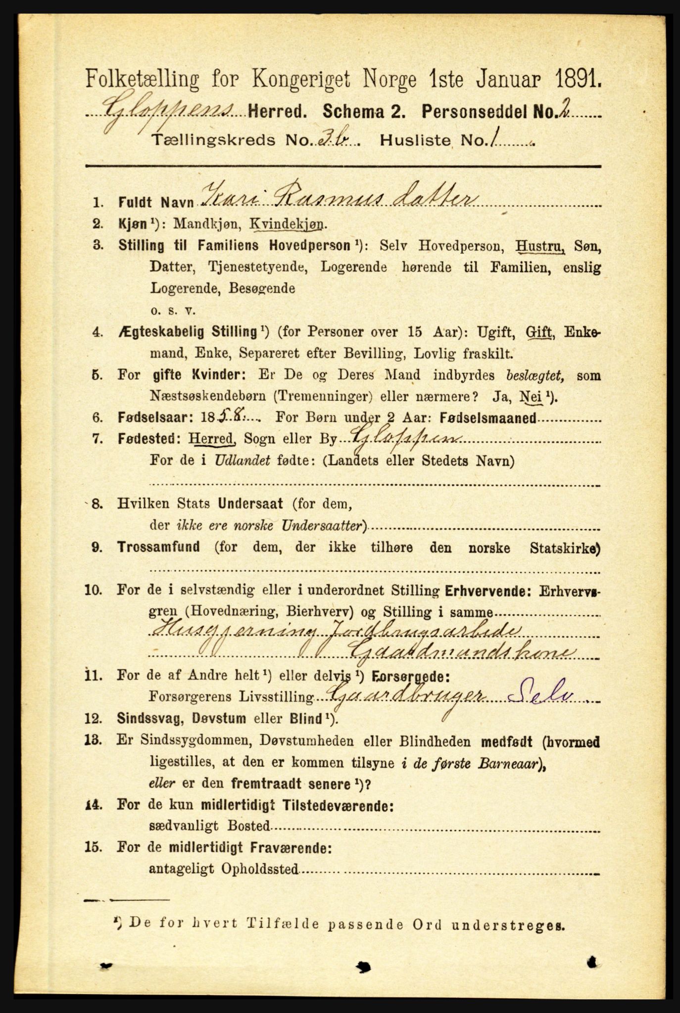 RA, 1891 census for 1445 Gloppen, 1891, p. 1448