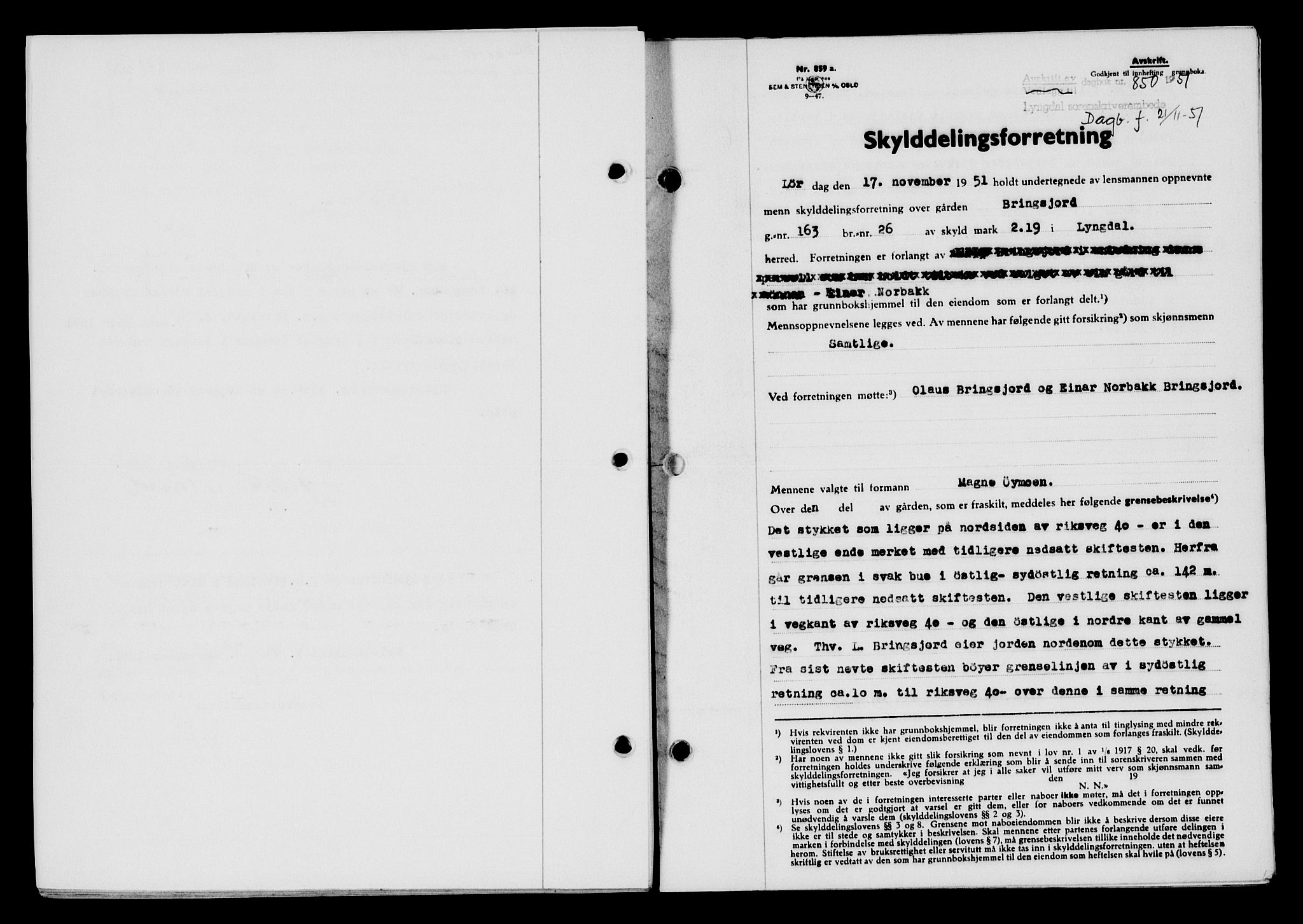 Lyngdal sorenskriveri, AV/SAK-1221-0004/G/Gb/L0667: Mortgage book no. A XIII, 1951-1952, Diary no: : 850/1951