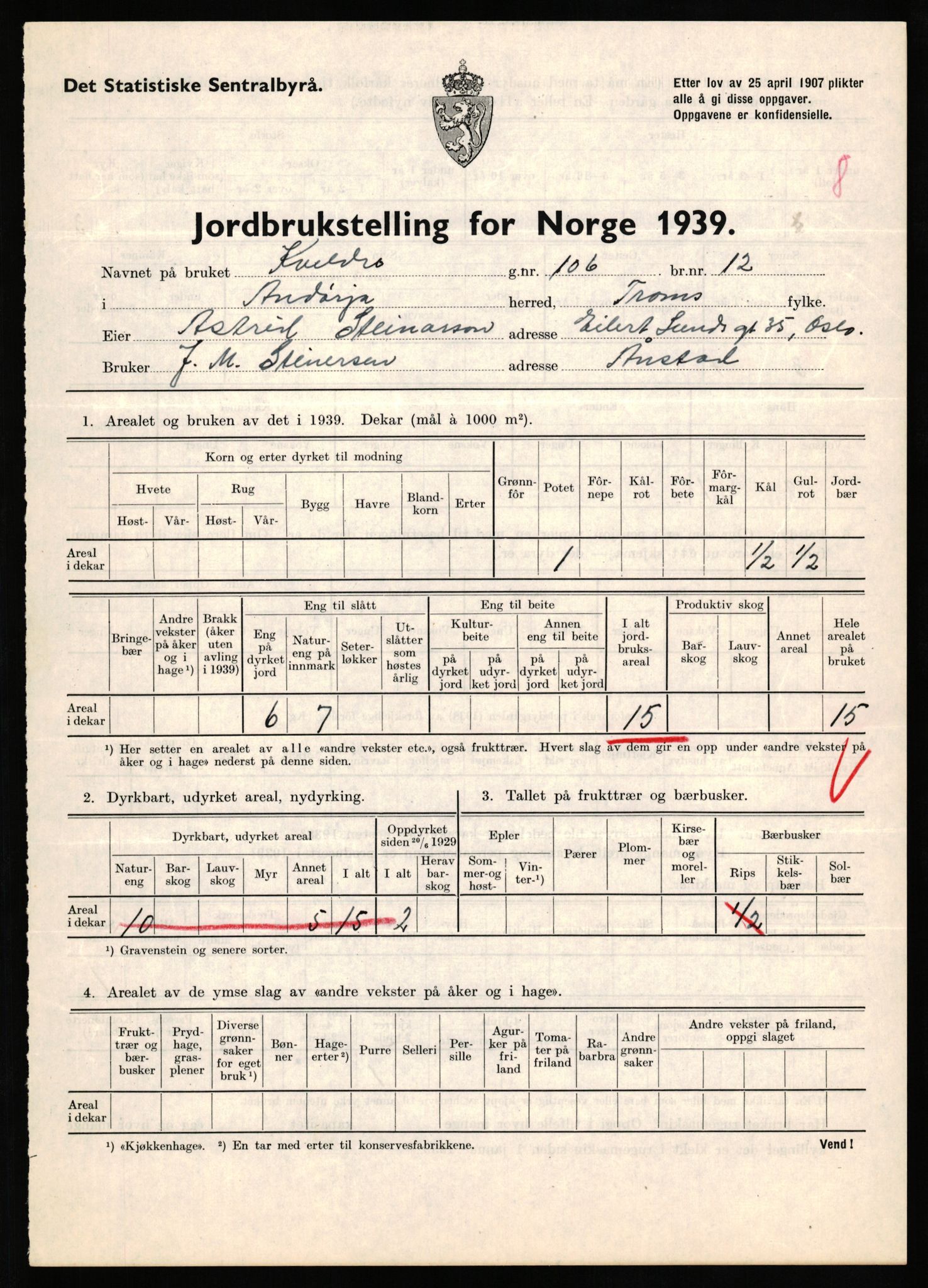 Statistisk sentralbyrå, Næringsøkonomiske emner, Jordbruk, skogbruk, jakt, fiske og fangst, AV/RA-S-2234/G/Gb/L0339: Troms: Andørja, Astafjord og Lavangen, 1939, p. 534