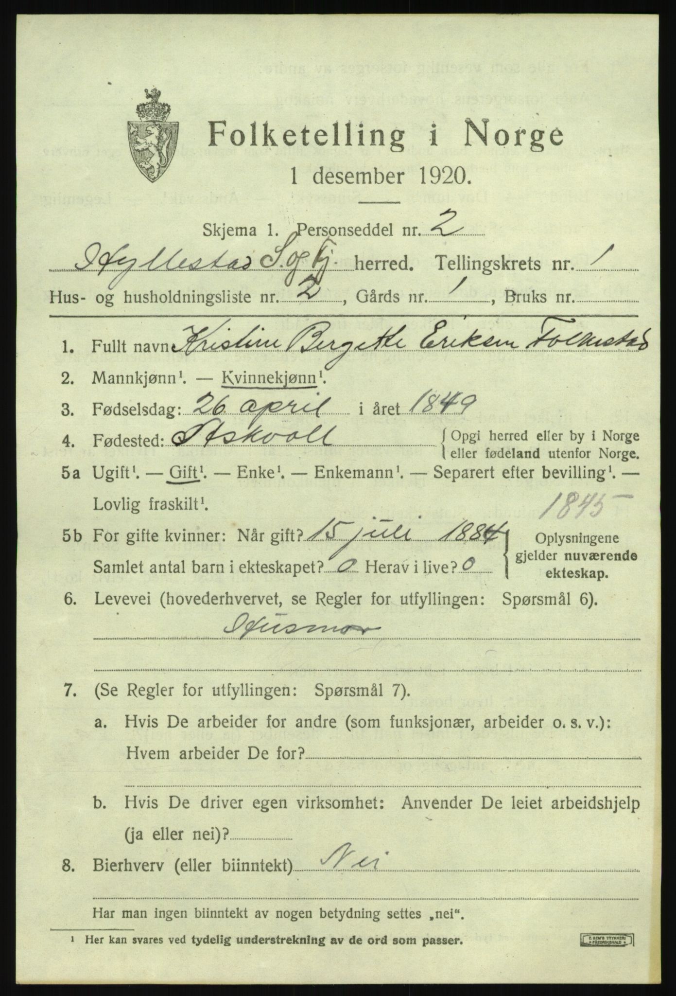 SAB, 1920 census for Hyllestad, 1920, p. 896