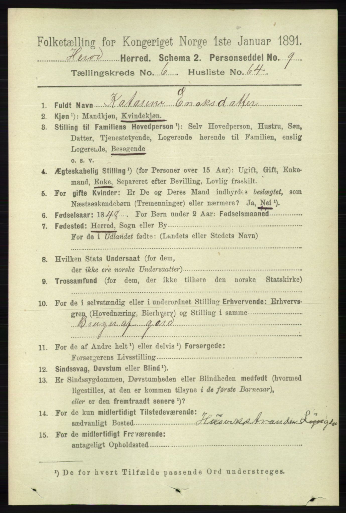 RA, 1891 census for 1039 Herad, 1891, p. 2703