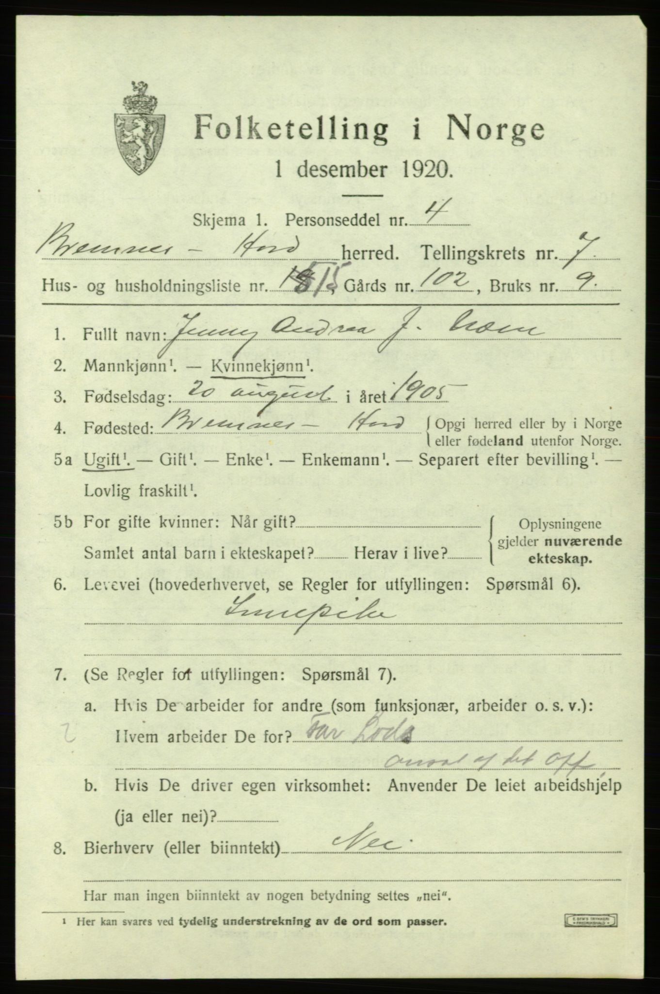 SAB, 1920 census for Bremnes, 1920, p. 4202