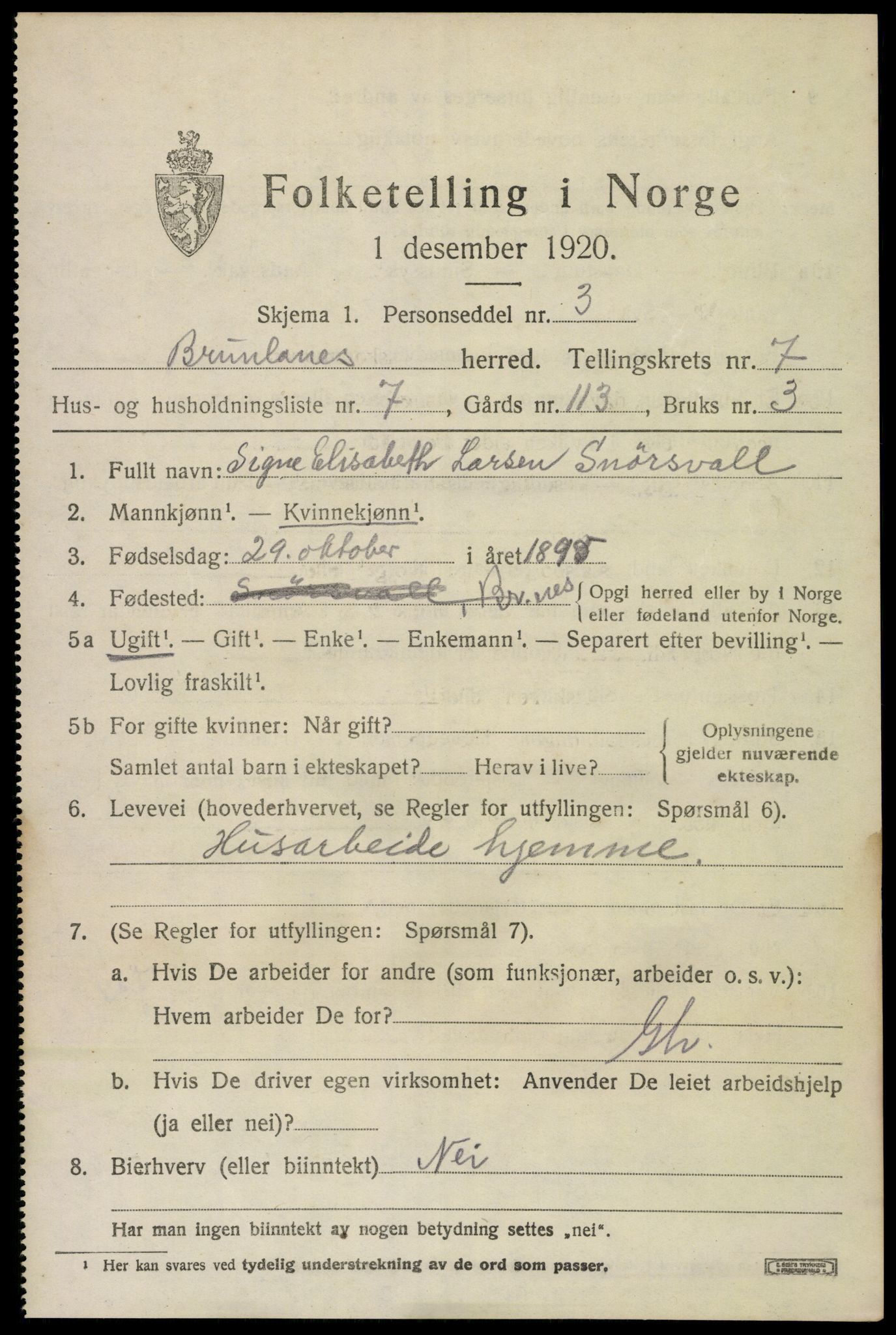 SAKO, 1920 census for Brunlanes, 1920, p. 7161
