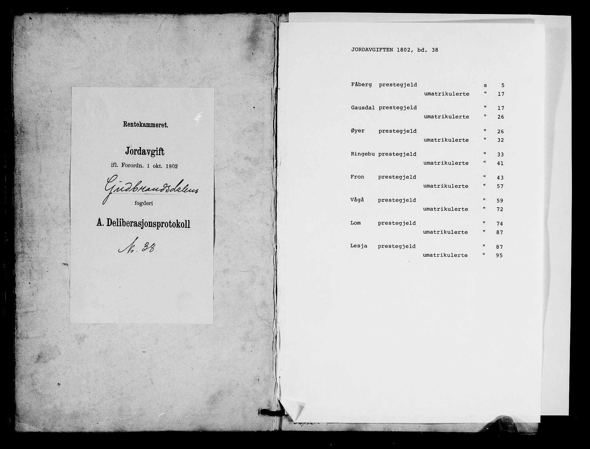 Rentekammeret inntil 1814, Realistisk ordnet avdeling, RA/EA-4070/N/Ne/Nea/L0038: Gudbrandsdalen fogderi. Deliberasjonsprotokoll, 1803, p. 1