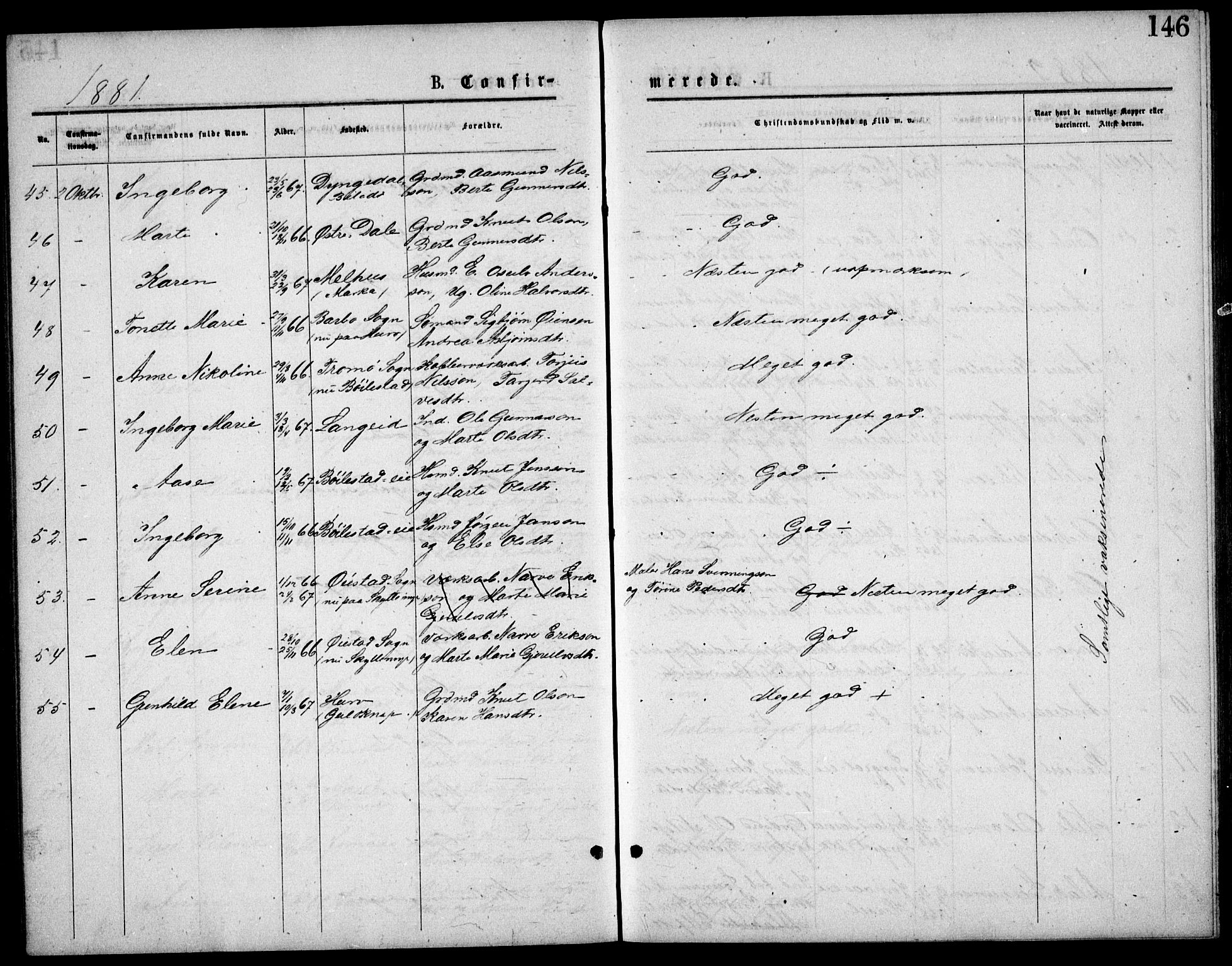 Froland sokneprestkontor, AV/SAK-1111-0013/F/Fb/L0009: Parish register (copy) no. B 9, 1875-1893, p. 146