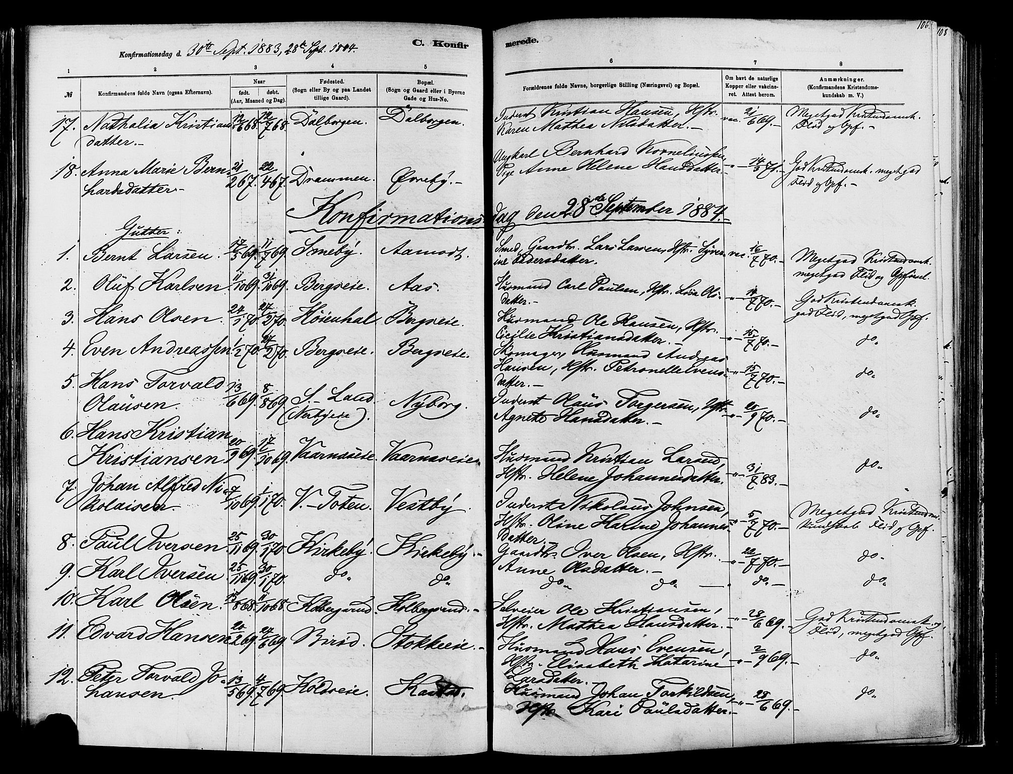 Vardal prestekontor, SAH/PREST-100/H/Ha/Haa/L0009: Parish register (official) no. 9, 1878-1892, p. 106