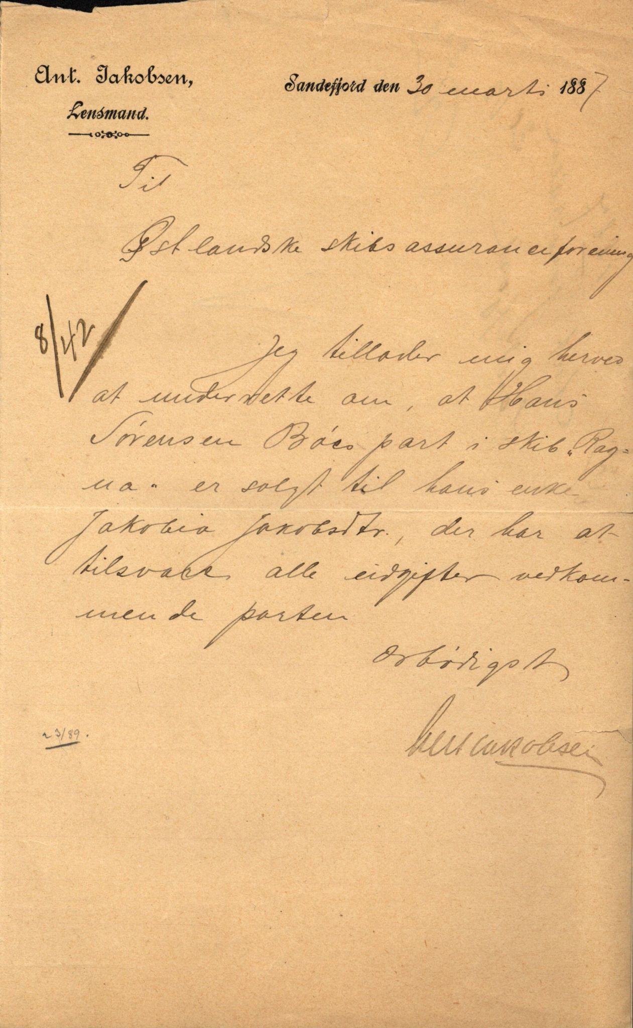 Pa 63 - Østlandske skibsassuranceforening, VEMU/A-1079/G/Ga/L0021/0002: Havaridokumenter / Isbaaden, Ragna, Sylphiden, Nyassa, 1887, p. 45