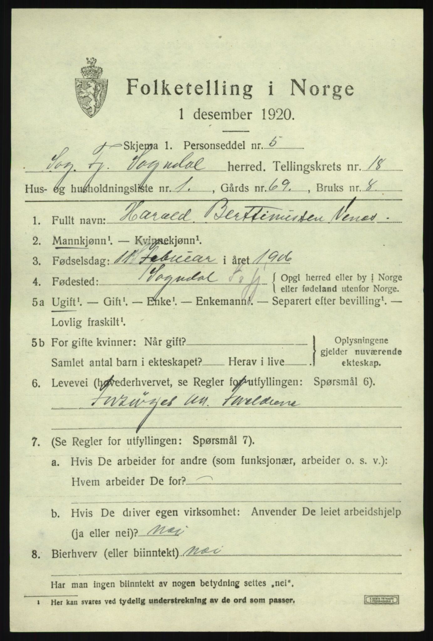 SAB, 1920 census for Sogndal, 1920, p. 6613