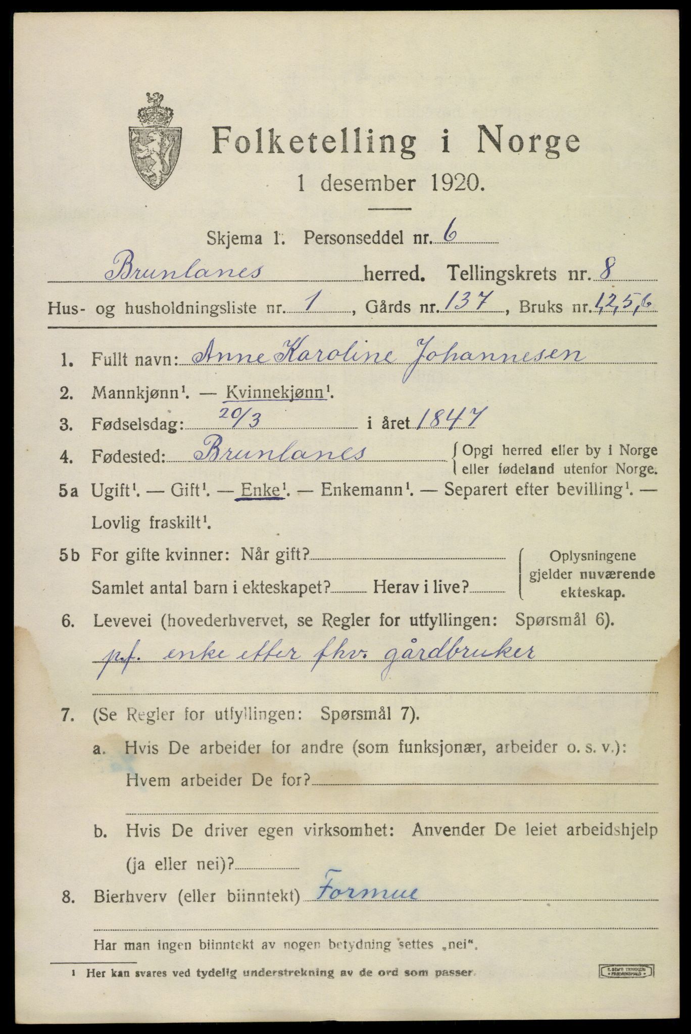 SAKO, 1920 census for Brunlanes, 1920, p. 7671