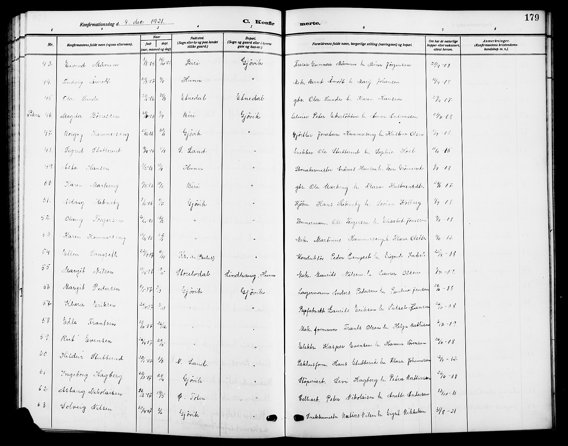 Vardal prestekontor, AV/SAH-PREST-100/H/Ha/Hab/L0014: Parish register (copy) no. 14, 1911-1922, p. 179