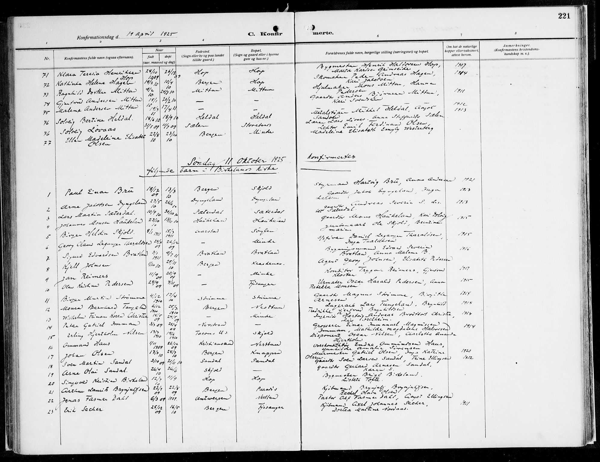 Fana Sokneprestembete, AV/SAB-A-75101/H/Haa/Haaj/L0001: Parish register (official) no. J 1, 1921-1935, p. 221