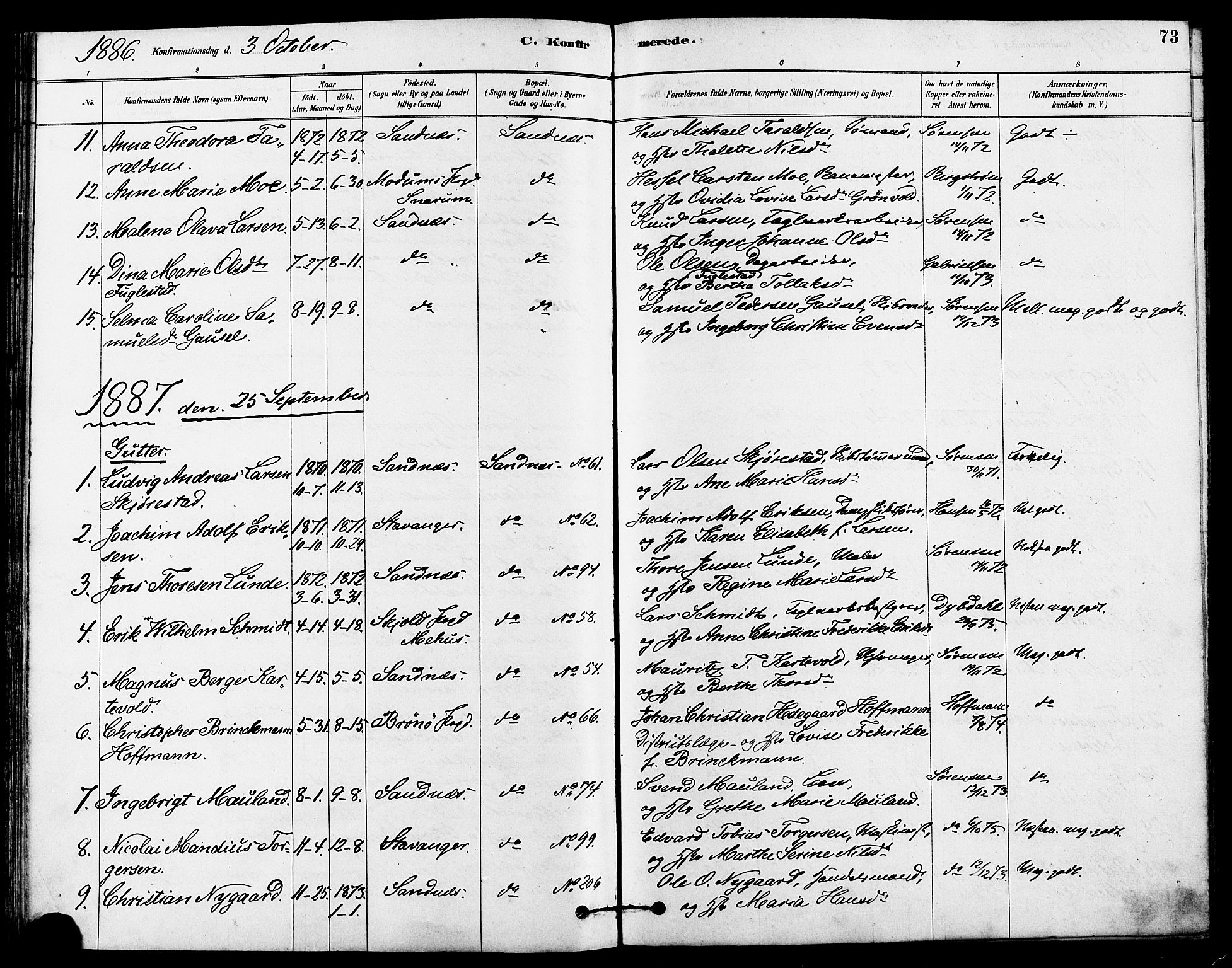 Høyland sokneprestkontor, AV/SAST-A-101799/001/30BA/L0012: Parish register (official) no. A 11, 1878-1889, p. 73