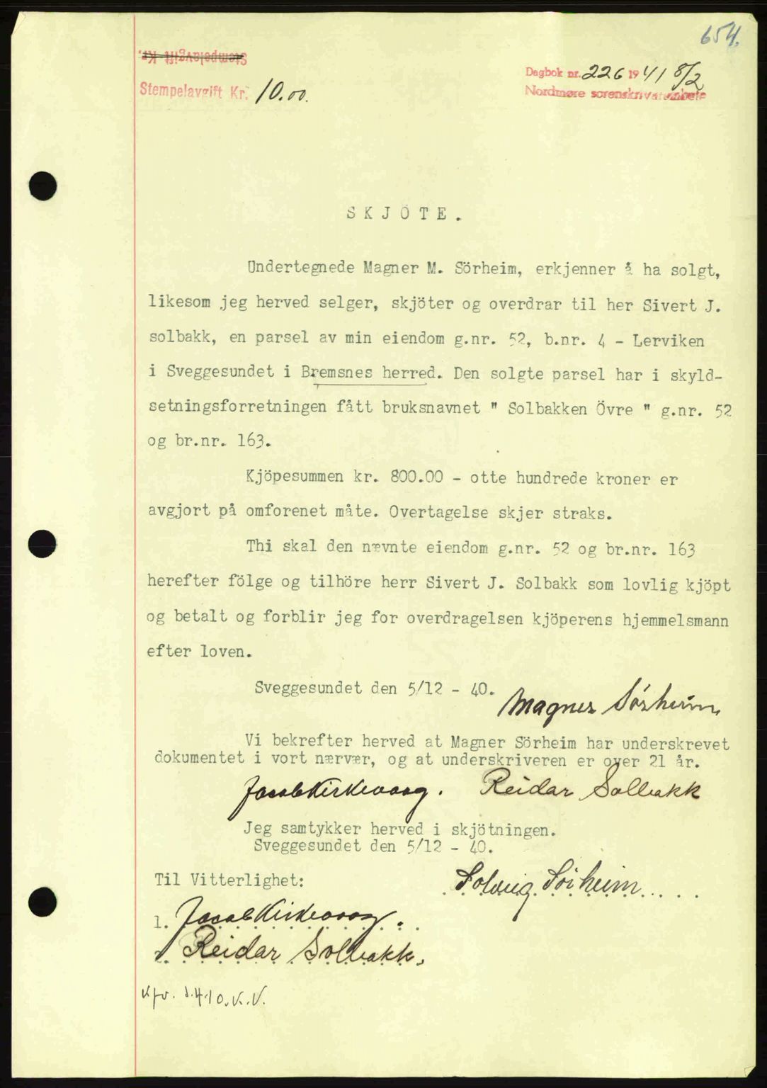 Nordmøre sorenskriveri, SAT/A-4132/1/2/2Ca: Mortgage book no. A89, 1940-1941, Diary no: : 226/1941