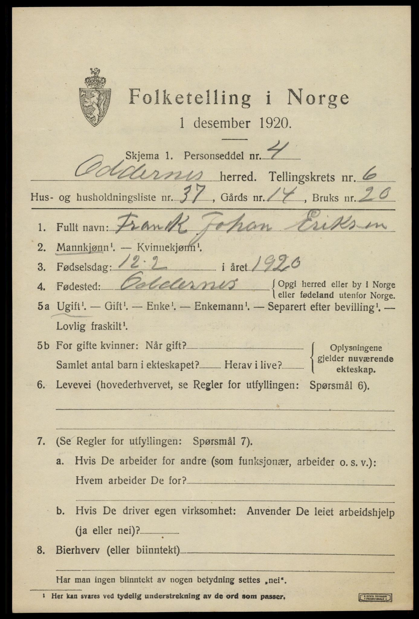 SAK, 1920 census for Oddernes, 1920, p. 5367