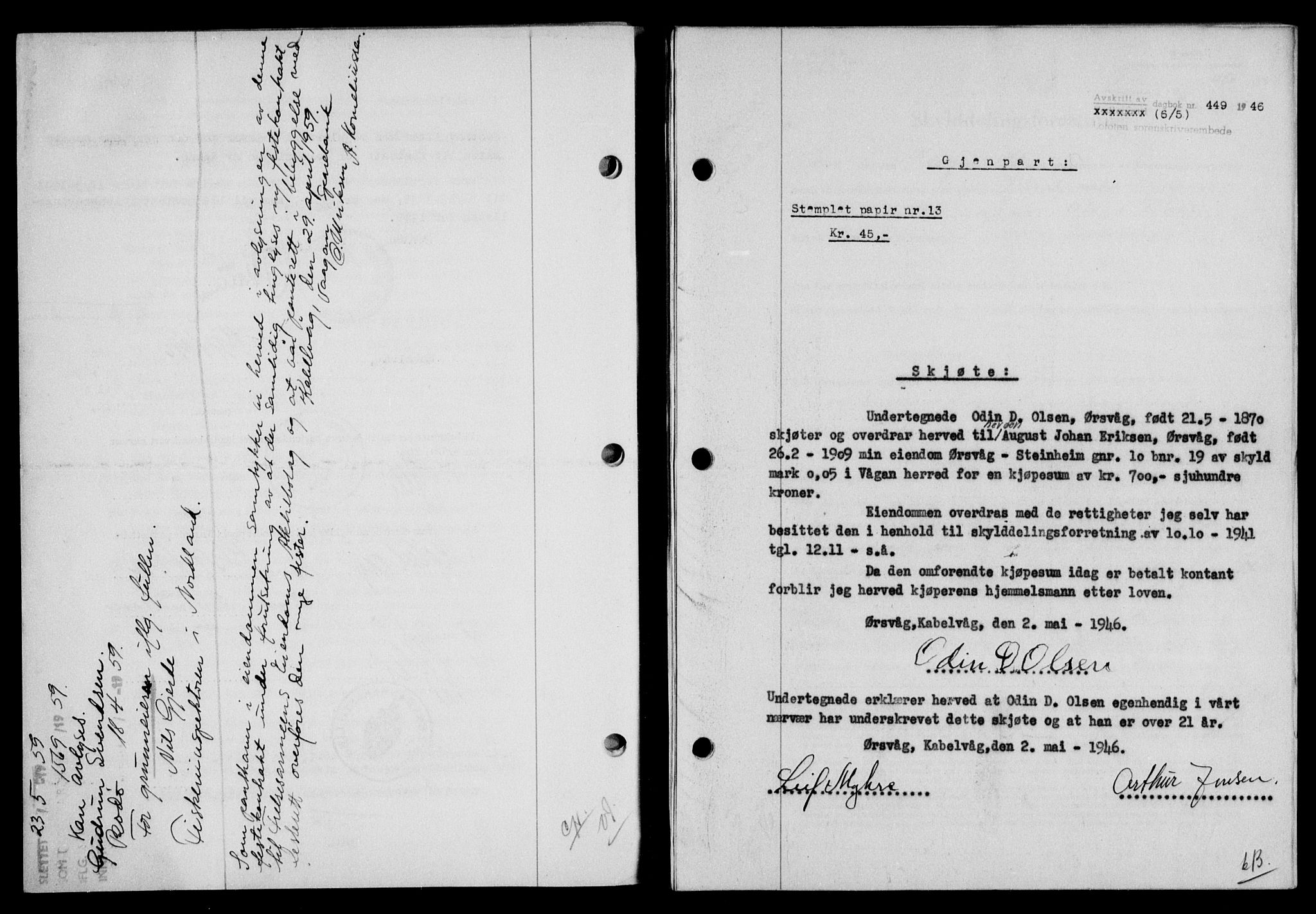 Lofoten sorenskriveri, SAT/A-0017/1/2/2C/L0014a: Mortgage book no. 14a, 1946-1946, Diary no: : 449/1946