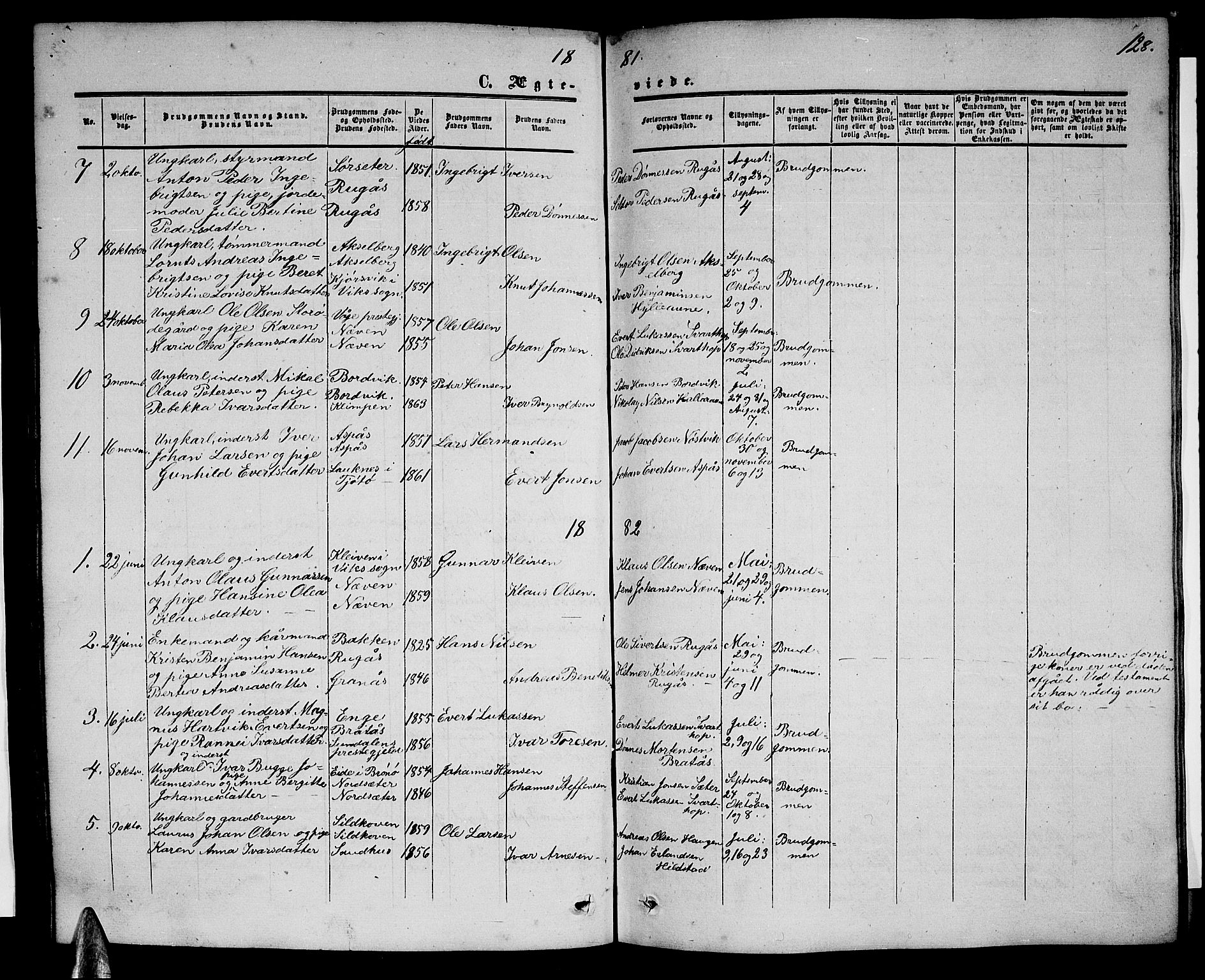 Ministerialprotokoller, klokkerbøker og fødselsregistre - Nordland, AV/SAT-A-1459/814/L0229: Parish register (copy) no. 814C02, 1859-1883, p. 128