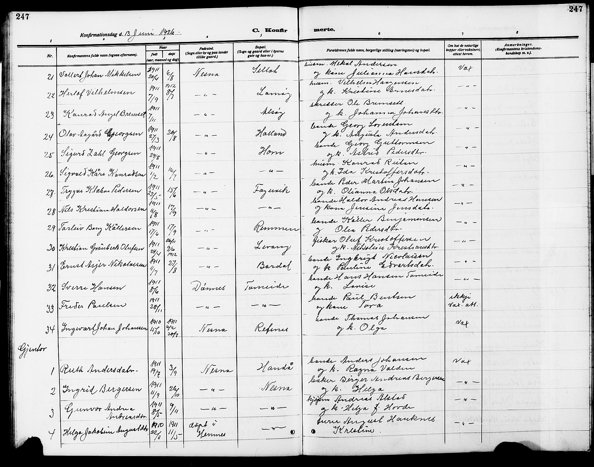 Ministerialprotokoller, klokkerbøker og fødselsregistre - Nordland, AV/SAT-A-1459/838/L0560: Parish register (copy) no. 838C07, 1910-1928, p. 247