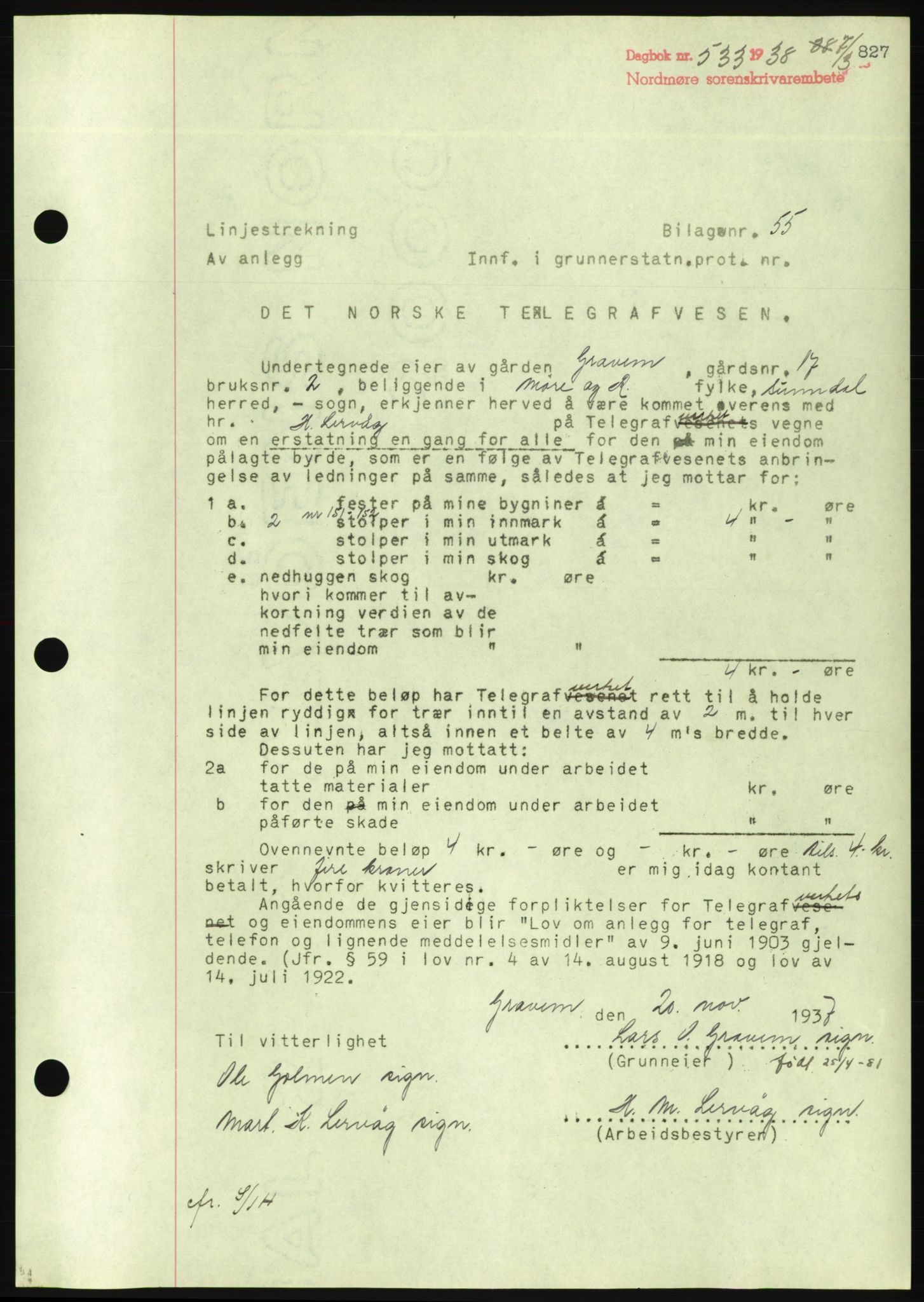 Nordmøre sorenskriveri, AV/SAT-A-4132/1/2/2Ca/L0092: Mortgage book no. B82, 1937-1938, Diary no: : 533/1938