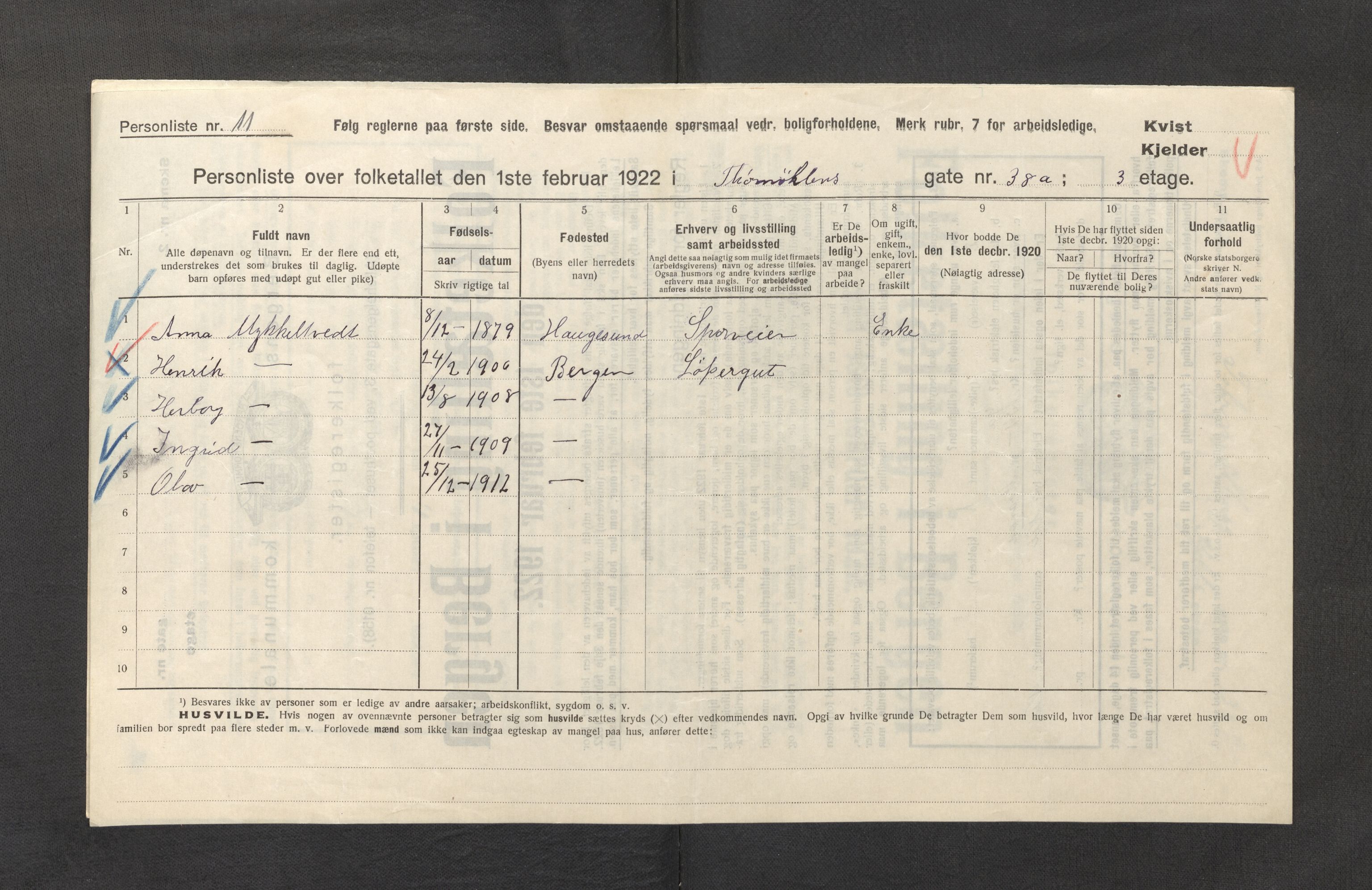 SAB, Municipal Census 1922 for Bergen, 1922, p. 43660