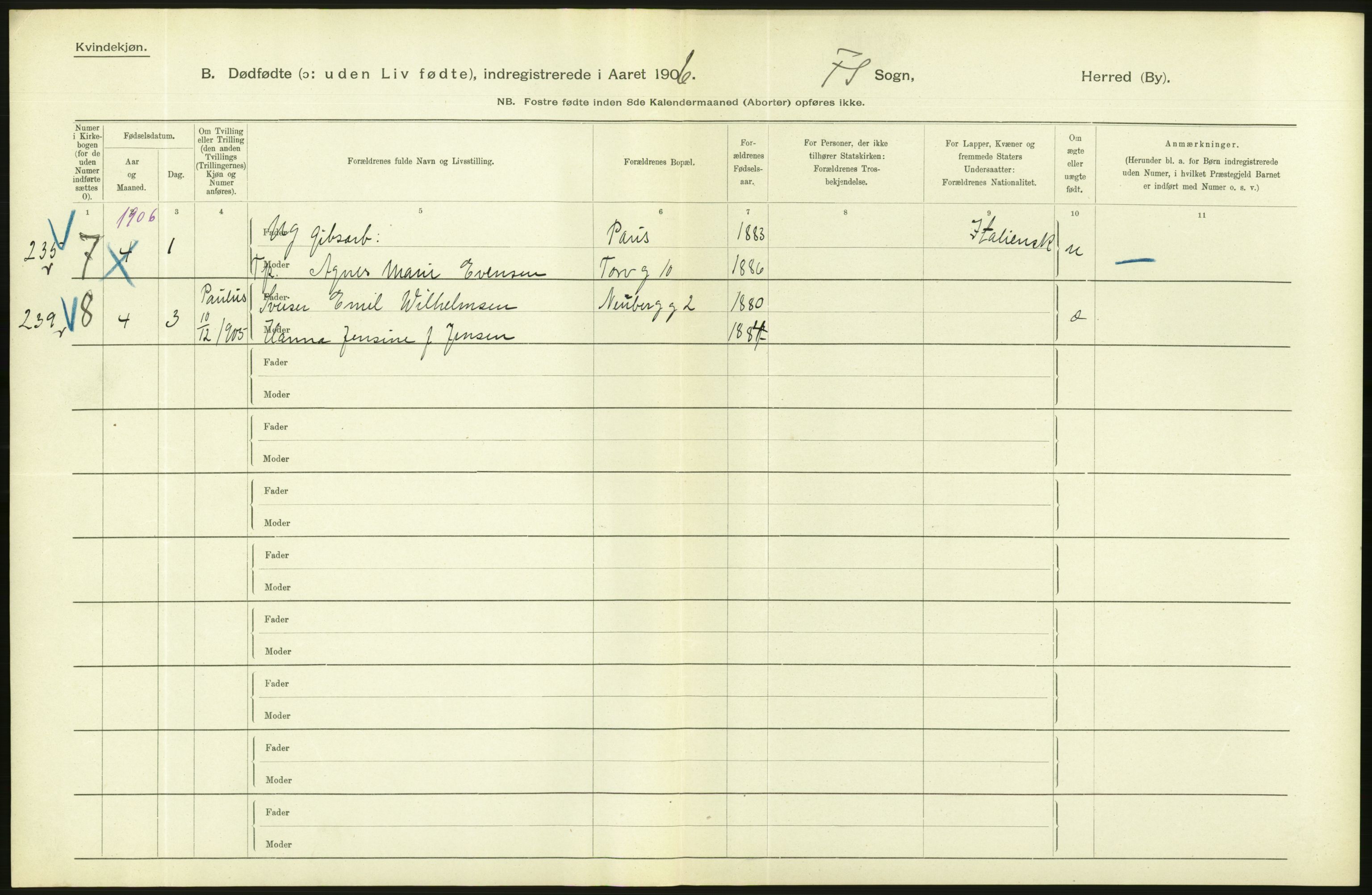 Statistisk sentralbyrå, Sosiodemografiske emner, Befolkning, RA/S-2228/D/Df/Dfa/Dfad/L0010: Kristiania: Døde, dødfødte, 1906, p. 74