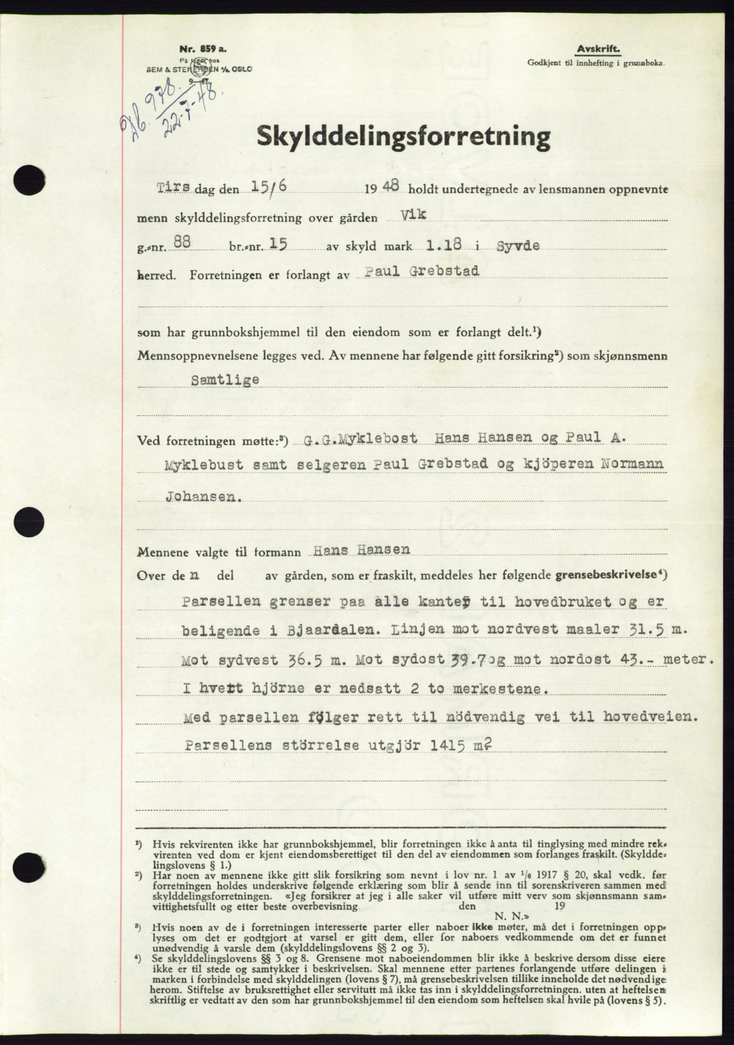 Søre Sunnmøre sorenskriveri, AV/SAT-A-4122/1/2/2C/L0082: Mortgage book no. 8A, 1948-1948, Diary no: : 978/1948