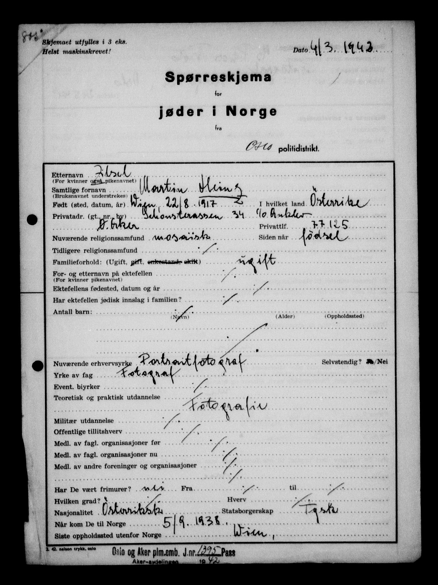 Statspolitiet - Hovedkontoret / Osloavdelingen, AV/RA-S-1329/G/Ga/L0011: Spørreskjema for jøder i Norge. 1: Oslo 610-806 (Plavnik-Zwillinger). 2: Aker 1-113 (Adler-Lewin). , 1942, p. 581