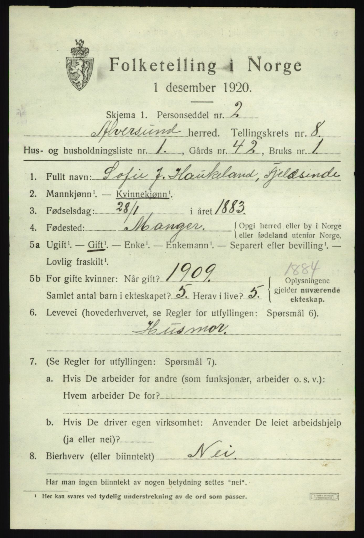 SAB, 1920 census for Alversund, 1920, p. 4838