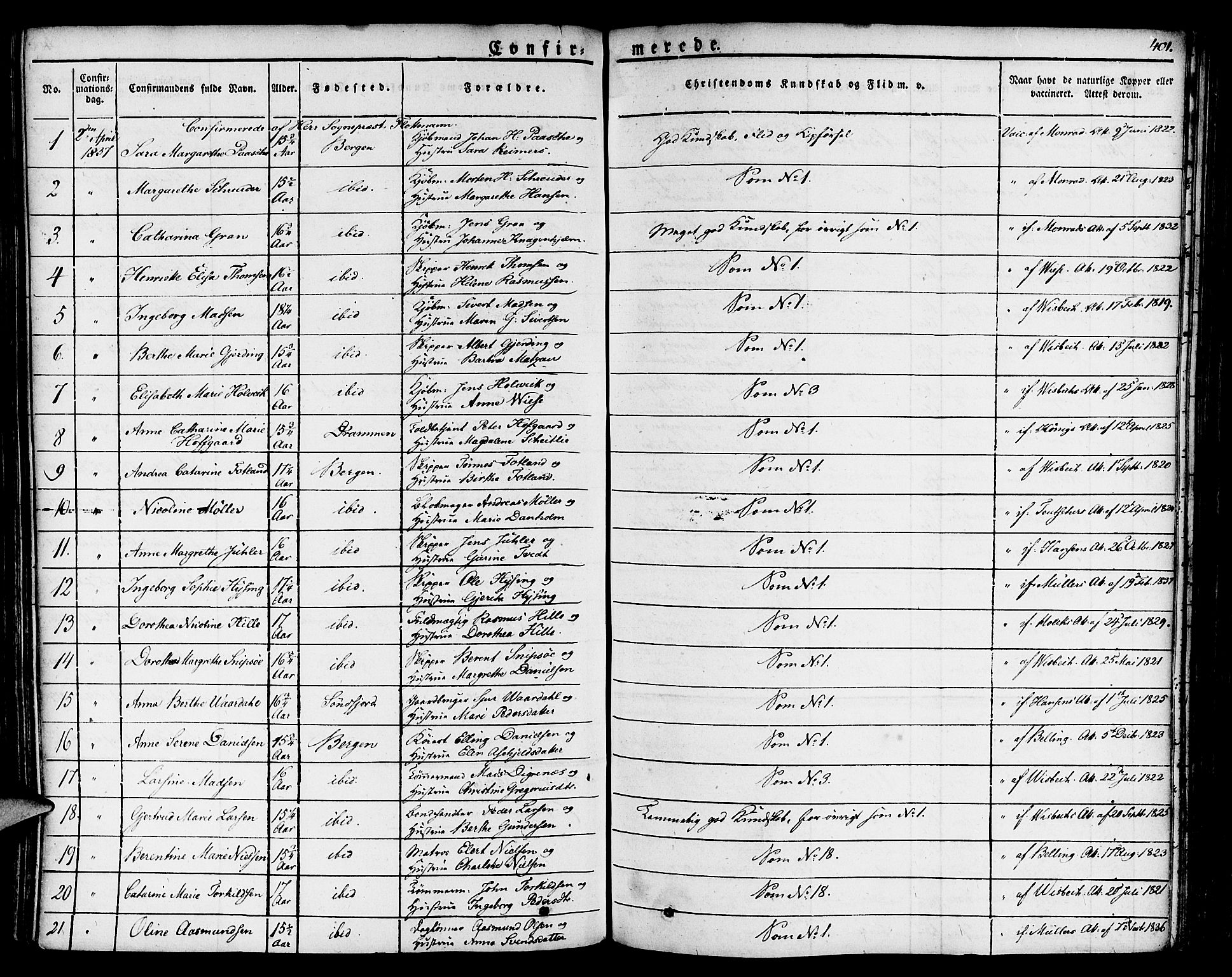 Nykirken Sokneprestembete, SAB/A-77101/H/Haa/L0012: Parish register (official) no. A 12, 1821-1844, p. 401