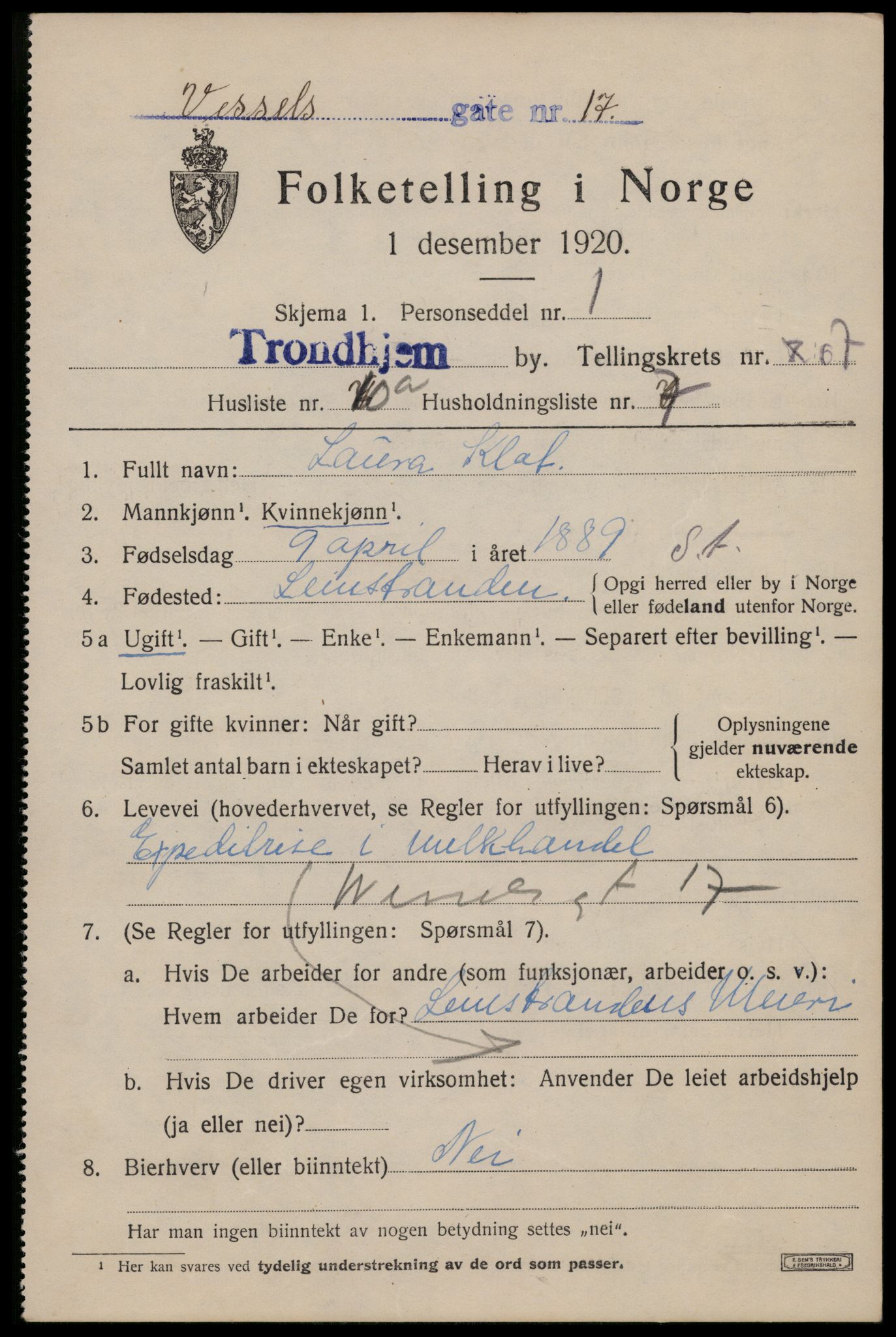 SAT, 1920 census for Trondheim, 1920, p. 132688