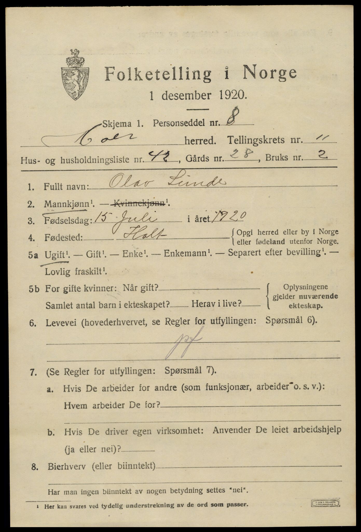 SAK, 1920 census for Holt, 1920, p. 6600