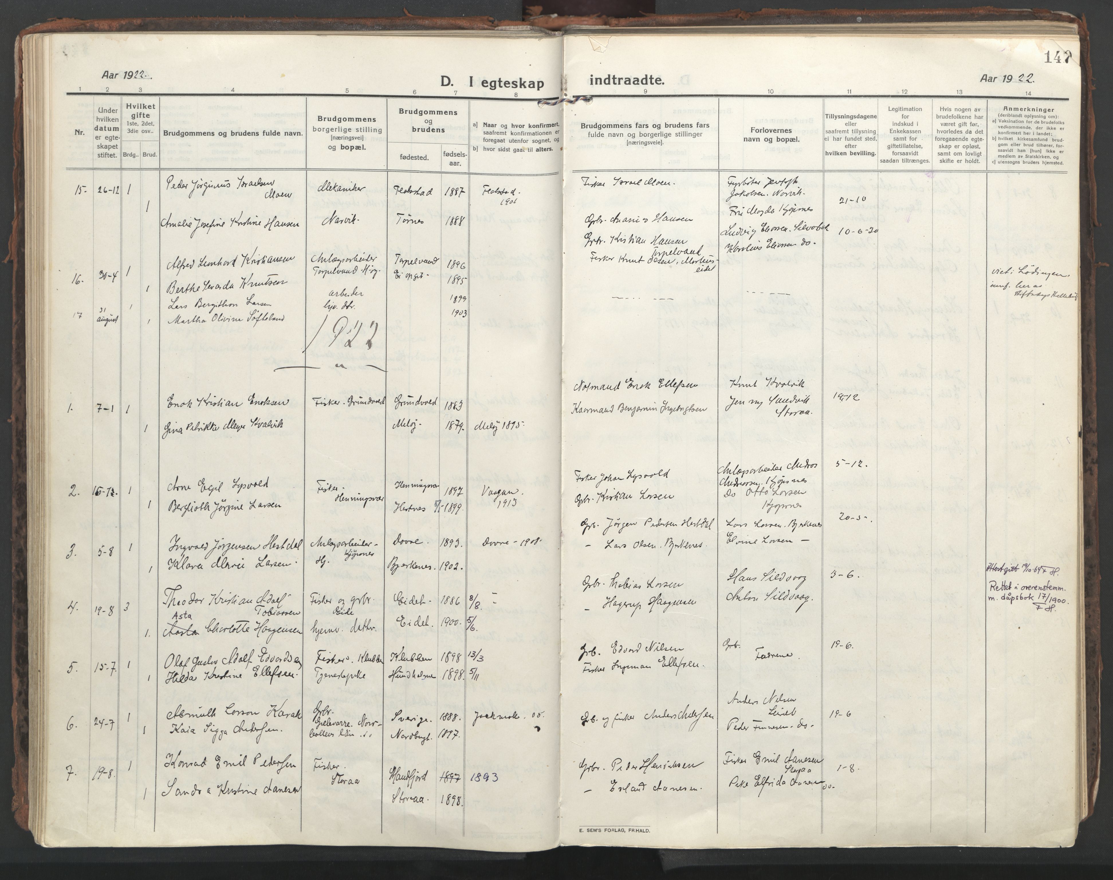 Ministerialprotokoller, klokkerbøker og fødselsregistre - Nordland, AV/SAT-A-1459/861/L0872: Parish register (official) no. 861A07, 1915-1924, p. 147