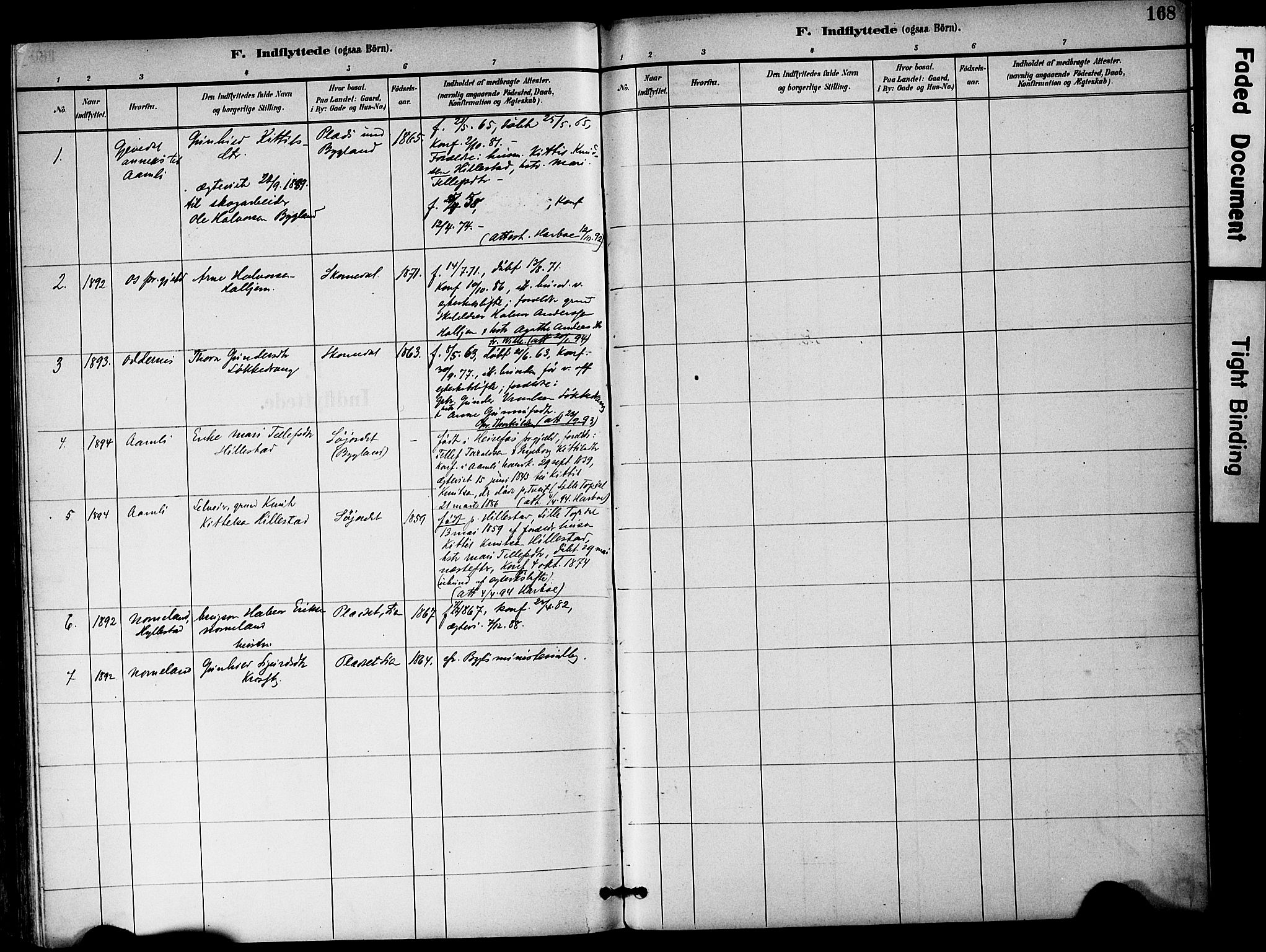 Bygland sokneprestkontor, AV/SAK-1111-0006/F/Fa/Fab/L0007: Parish register (official) no. A 7, 1885-1909, p. 168