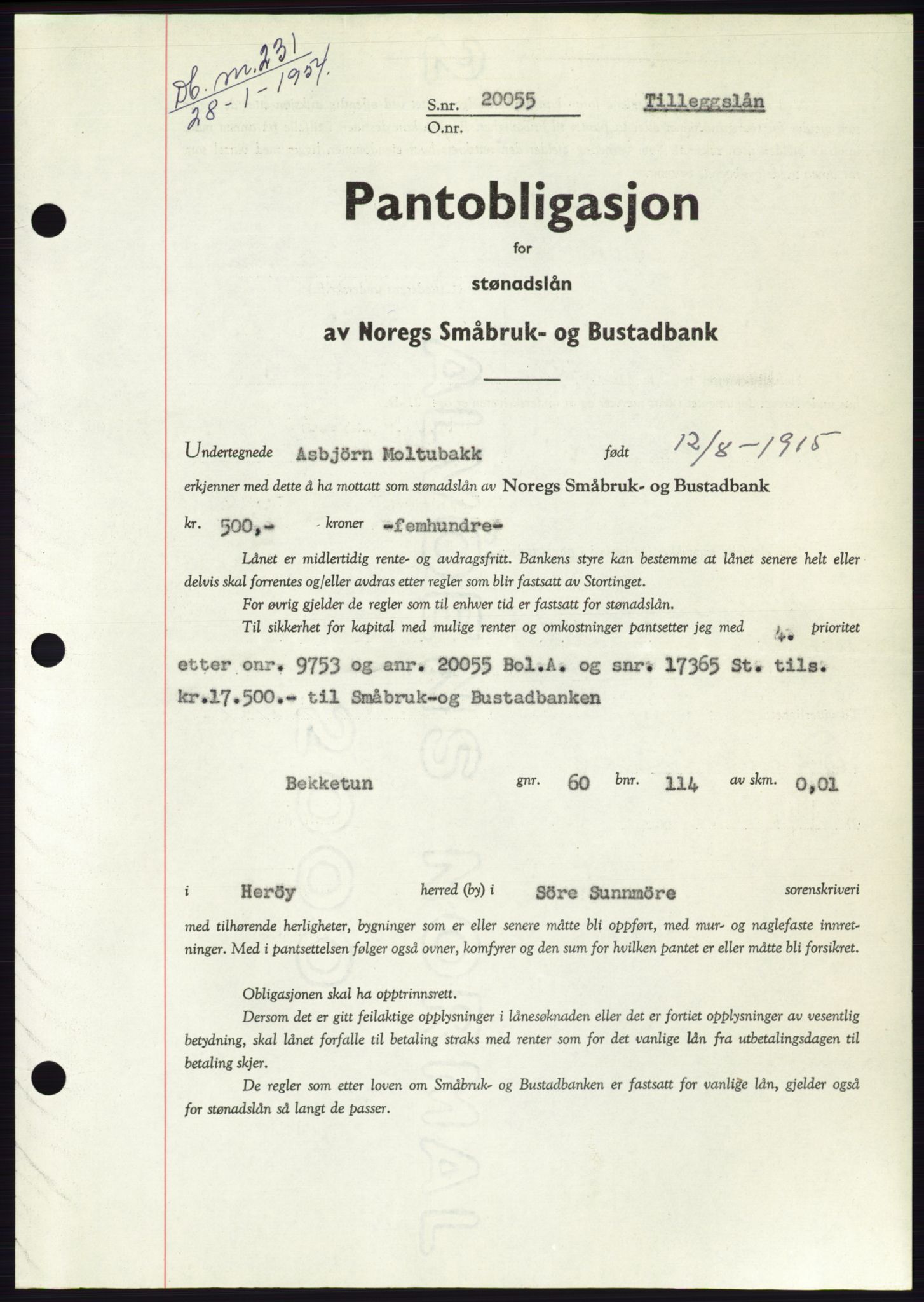Søre Sunnmøre sorenskriveri, AV/SAT-A-4122/1/2/2C/L0124: Mortgage book no. 12B, 1953-1954, Diary no: : 231/1954