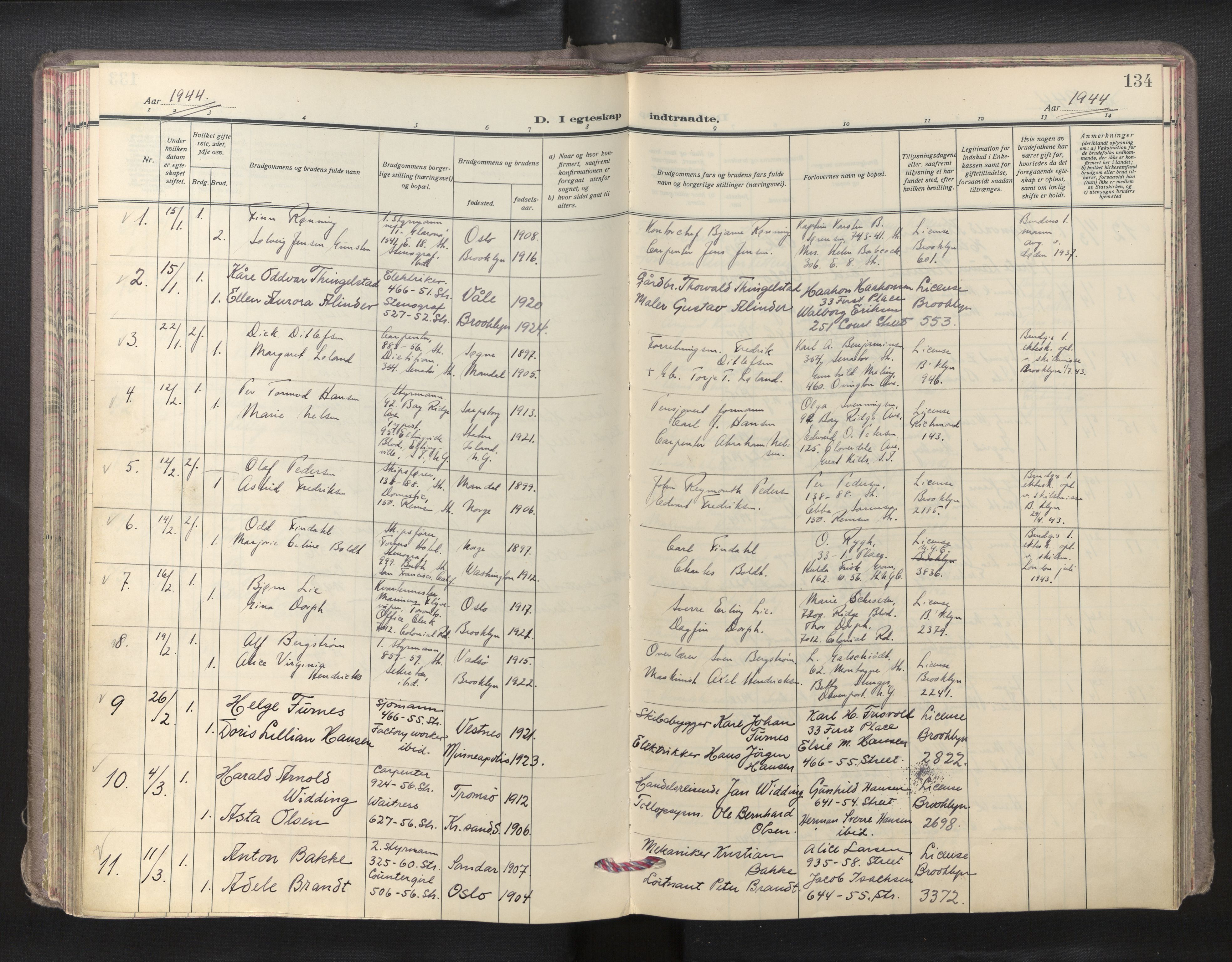 Den norske sjømannsmisjon i utlandet/New York, AV/SAB-SAB/PA-0110/H/Ha/L0009: Parish register (official) no. A 9, 1935-1945, p. 133b-134a