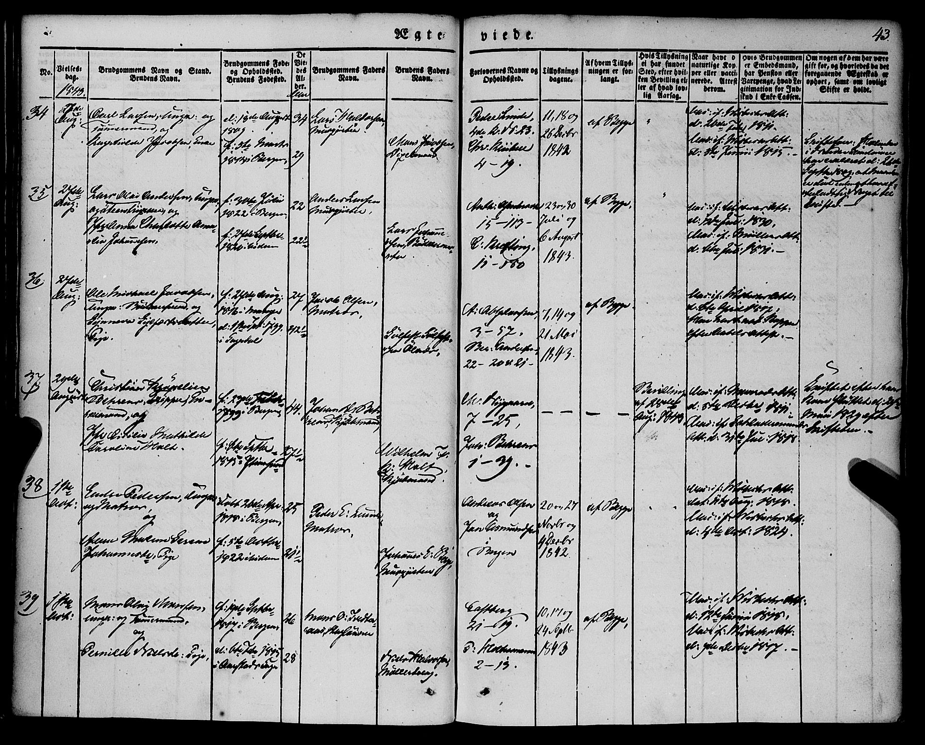 Nykirken Sokneprestembete, AV/SAB-A-77101/H/Haa/L0031: Parish register (official) no. D 1, 1834-1861, p. 43