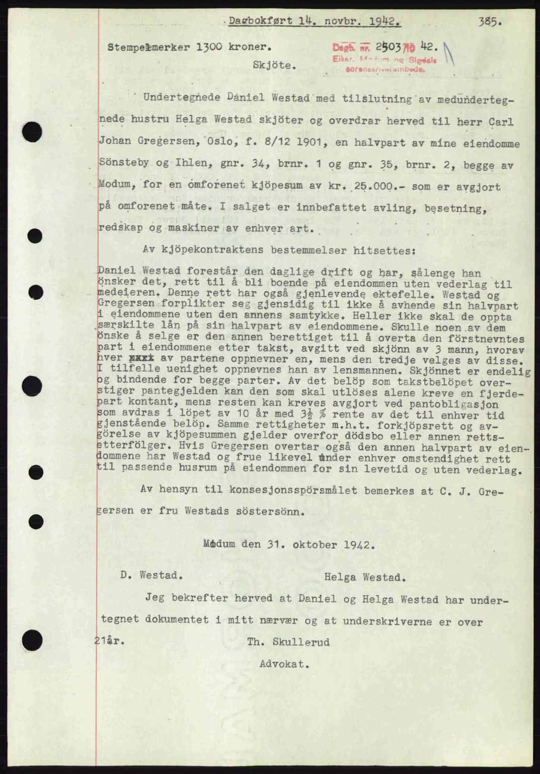 Eiker, Modum og Sigdal sorenskriveri, SAKO/A-123/G/Ga/Gab/L0047: Mortgage book no. A17, 1942-1943, Diary no: : 2503/1942