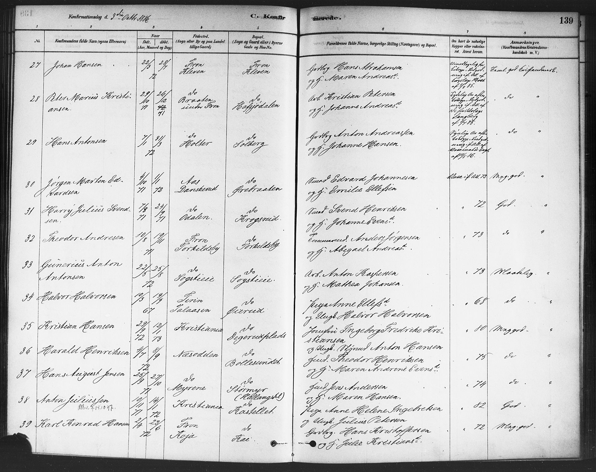 Drøbak prestekontor Kirkebøker, SAO/A-10142a/F/Fc/L0002: Parish register (official) no. III 2, 1878-1891, p. 139