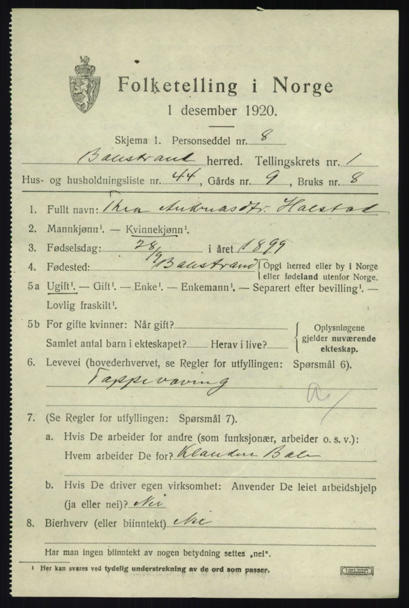 SAB, 1920 census for Balestrand, 1920, p. 1218