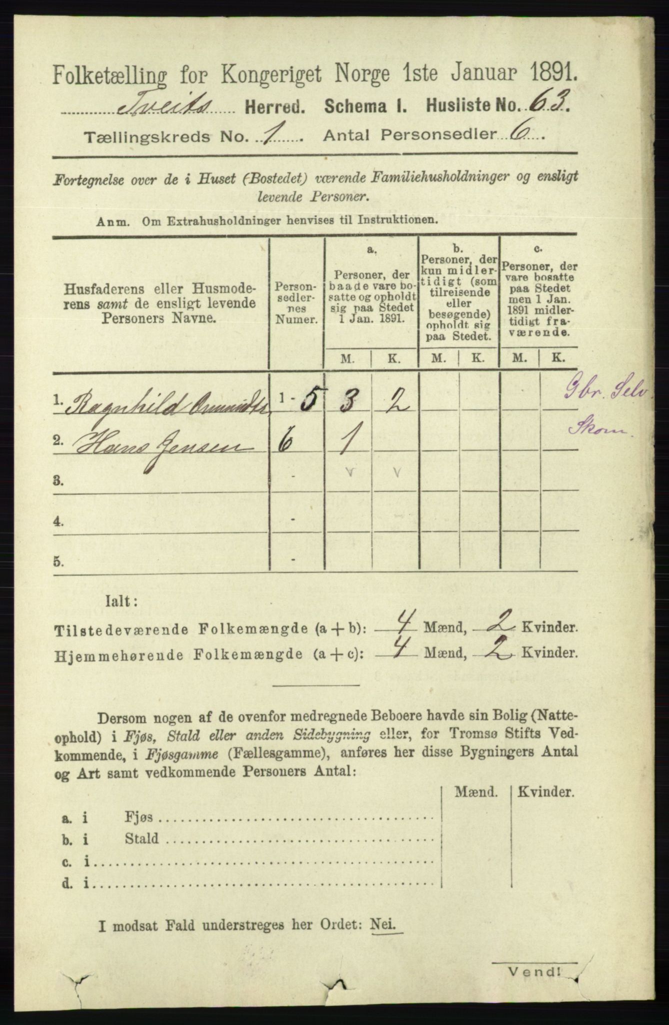 RA, 1891 census for 1013 Tveit, 1891, p. 79